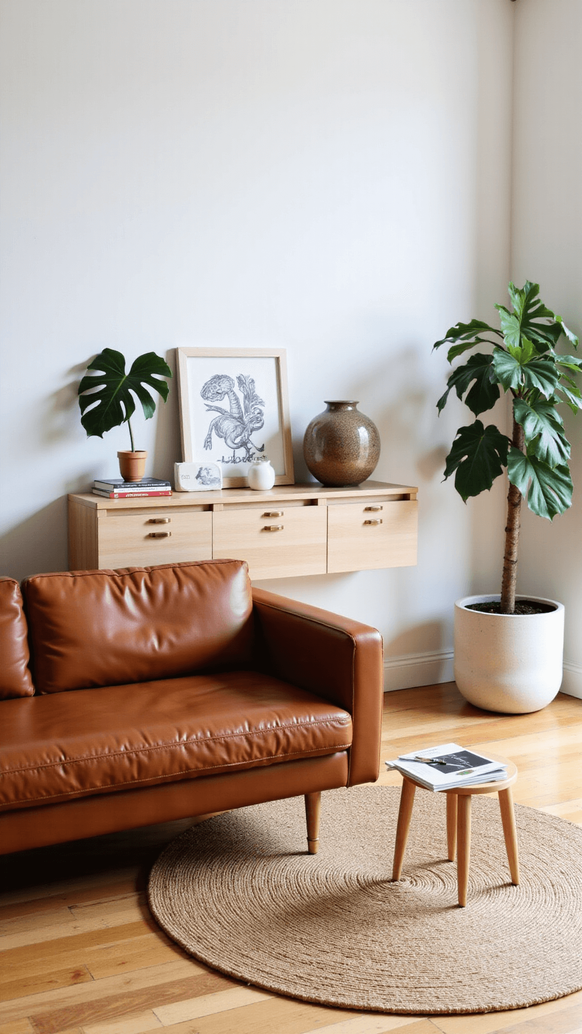 Mid-century modern living room with cognac brown leather sofa on a round jute rug, floating bleached oak media console, potted monstera plant, sculptural ceramic vessels and art books, bathed in afternoon light.