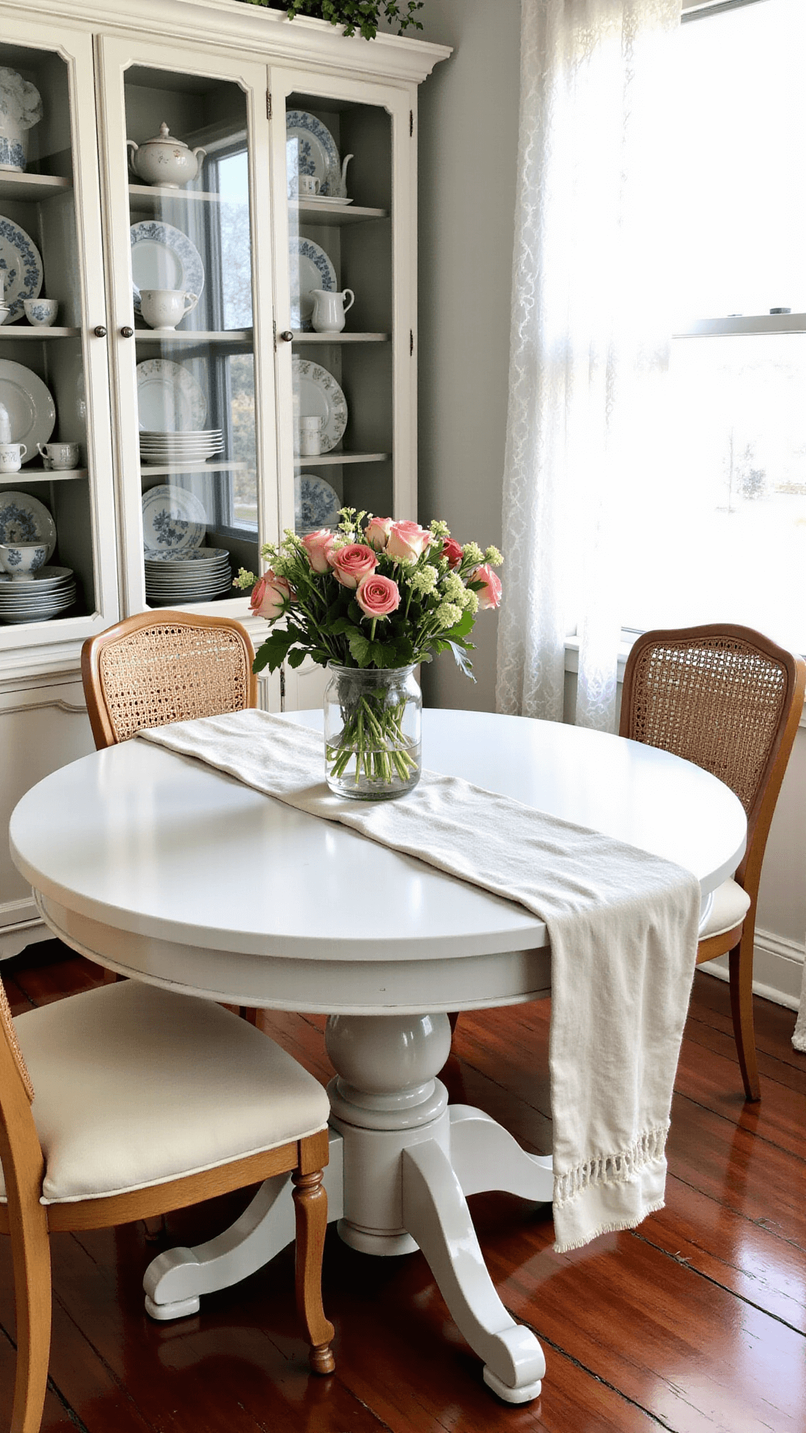 Overhead view of a breakfast nook in soft morning light with distressed white table, mixed-pattern china, whitewashed brick walls, climbing vines, and woven rattan chairs with cream cushions.