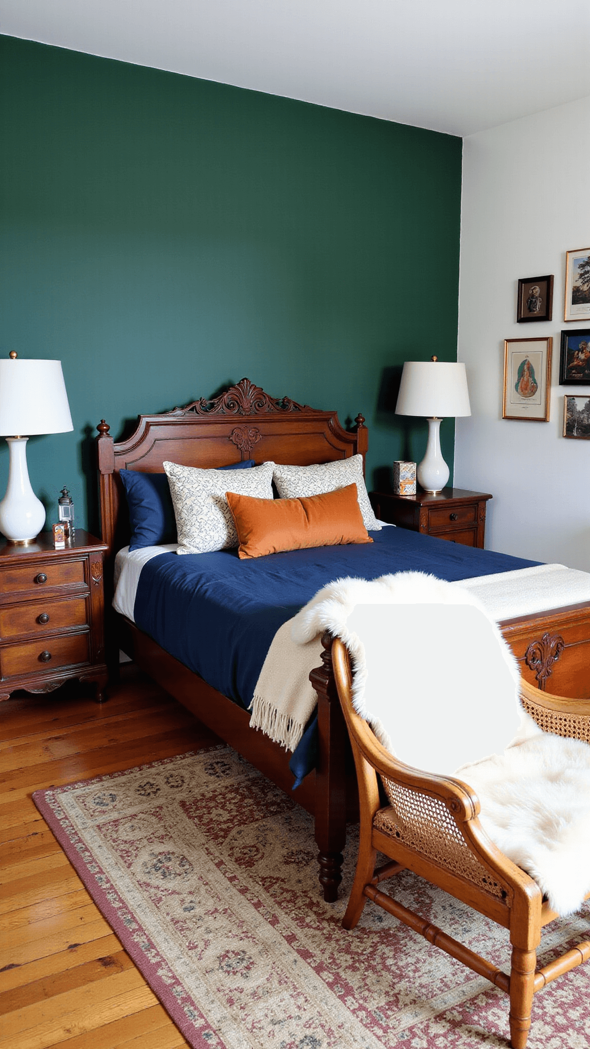Spacious bedroom with vintage carved wooden bed, mismatched antique nightstands, and Persian rug, featuring a rich emerald green accent wall and gallery wall of assorted artwork and photos, viewed from the doorway.