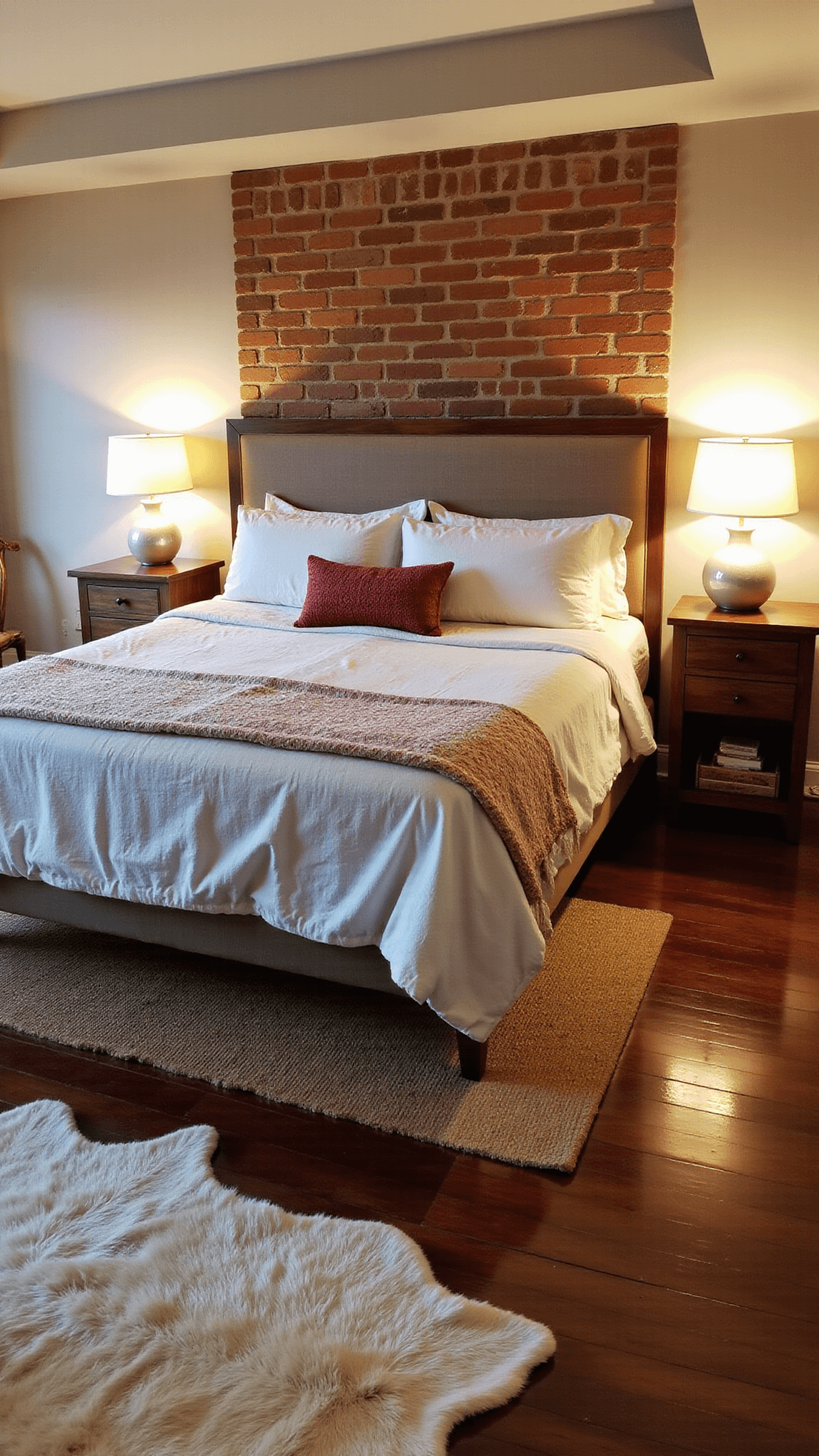 Cozy master bedroom at dusk with layered lighting, brick accent wall, platform bed with linen bedding, vintage Moroccan wedding blanket, walnut nightstands with ceramic lamps, and a reading nook with a rattan chair.