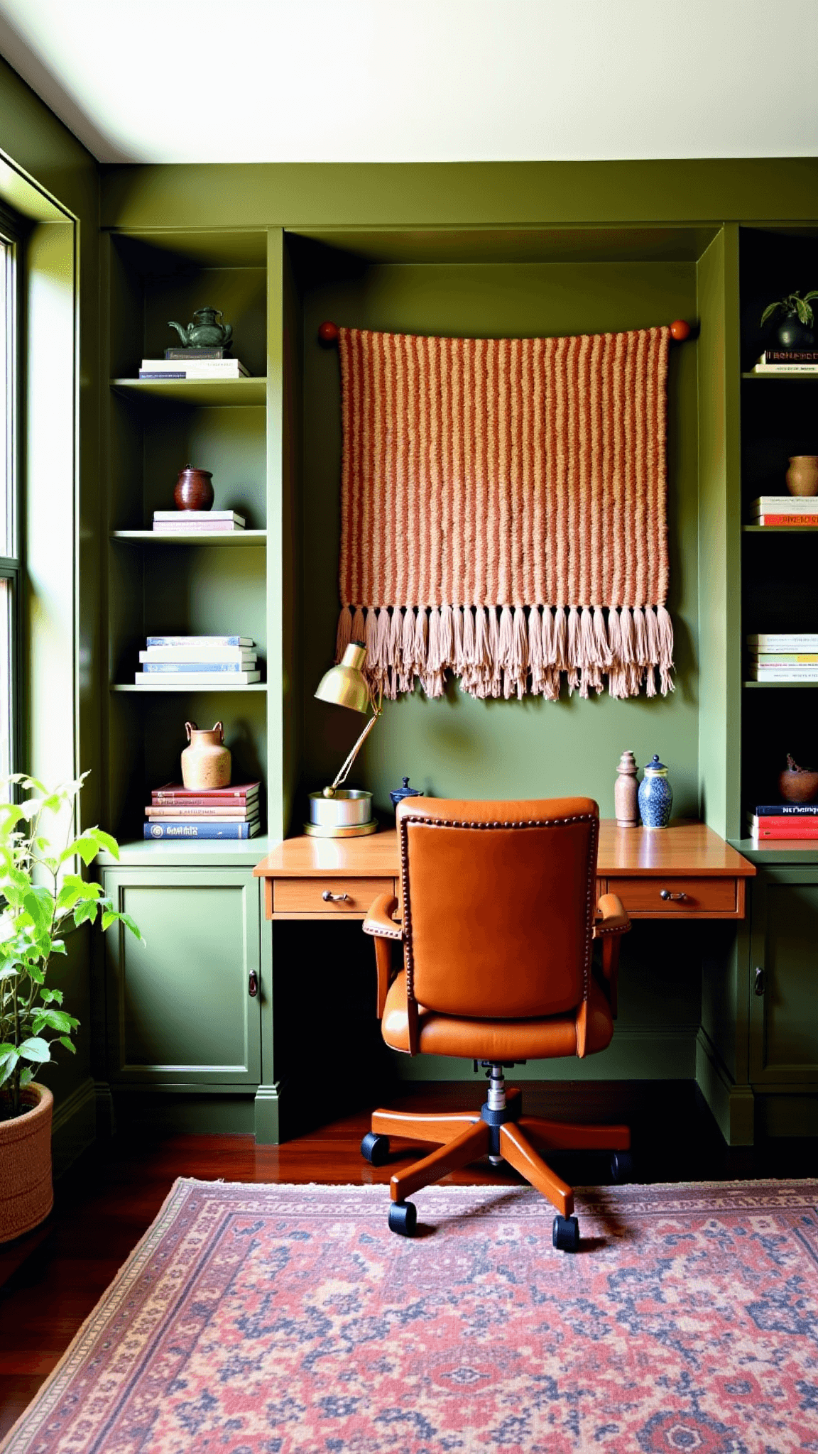 Scholarly home office featuring built-in olive green bookshelves, a reclaimed wood desk, leather captain's chair, brass task lamp, vintage kilim rug, and earthly pottery with trailing pothos. The room is highlighted by a handwoven wall hanging in rust and cream tones.