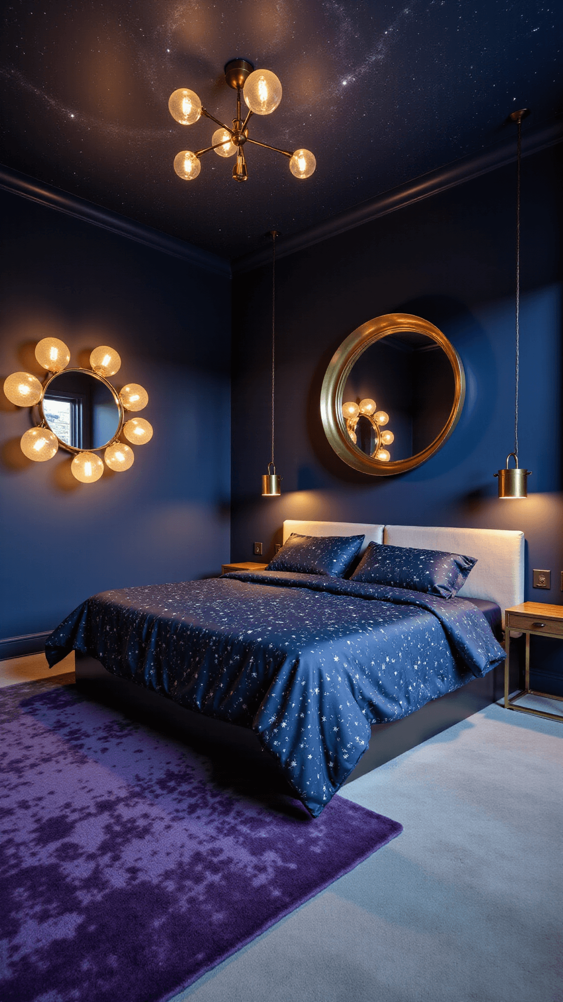 Spacious midnight blue bedroom under a celestial mural ceiling with king-size bed, constellation-print bedding, brass mirror, globe pendant lights, and cosmic-patterned area rug at twilight.