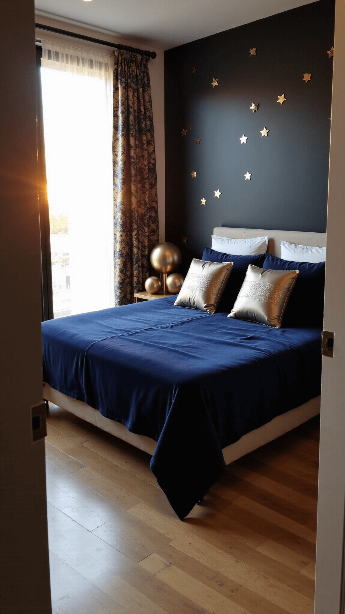 Matte black accent wall with metallic stars in a 12x14ft modern bedroom with low-profile queen bed covered in indigo velvet duvet, beside gold spherical side tables during golden hour