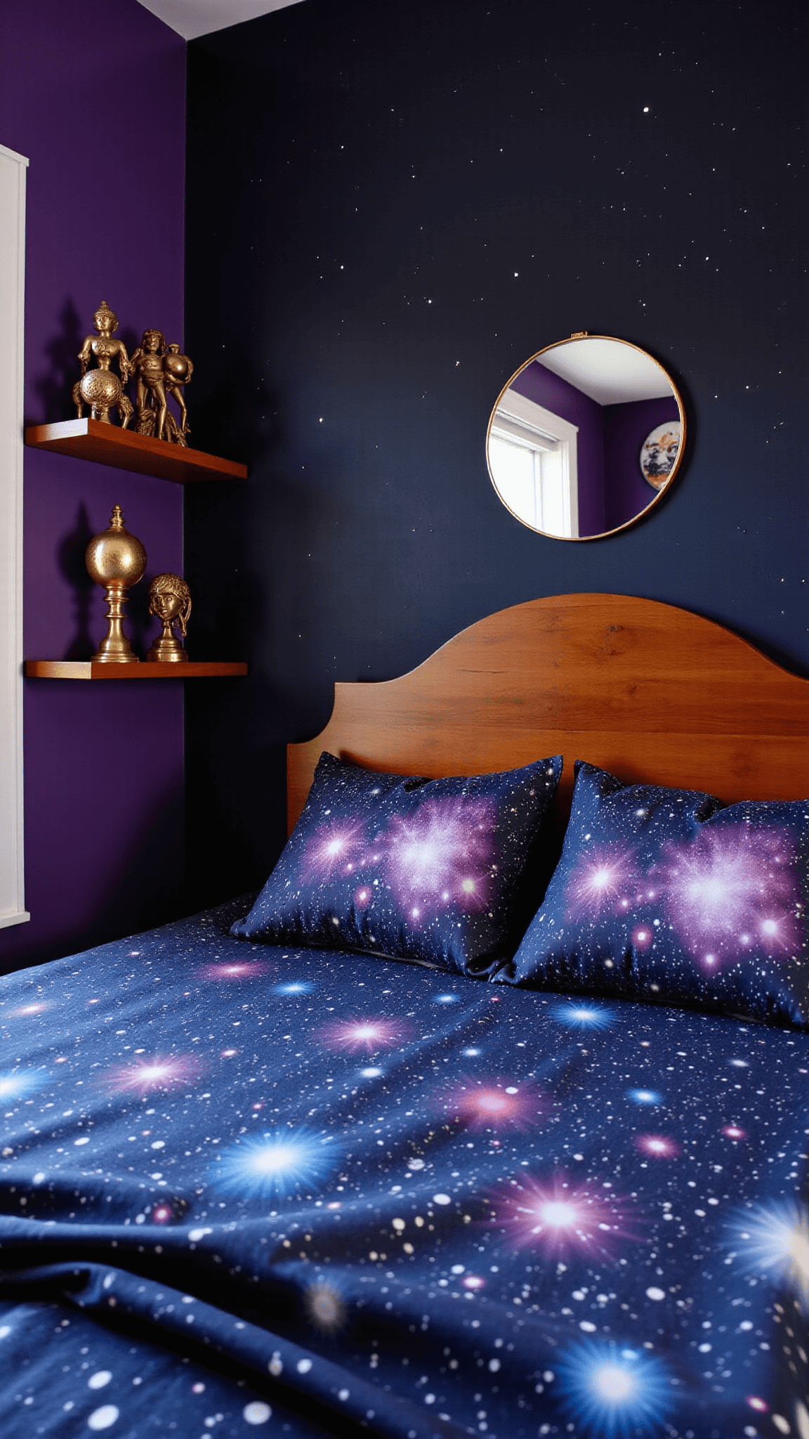 Elevated view of an intimate 10x12ft bedroom with a curved walnut headboard, cosmic-print bedding, celestial sculptures, and a moon-phase mirror reflecting fairy lights, during blue hour.