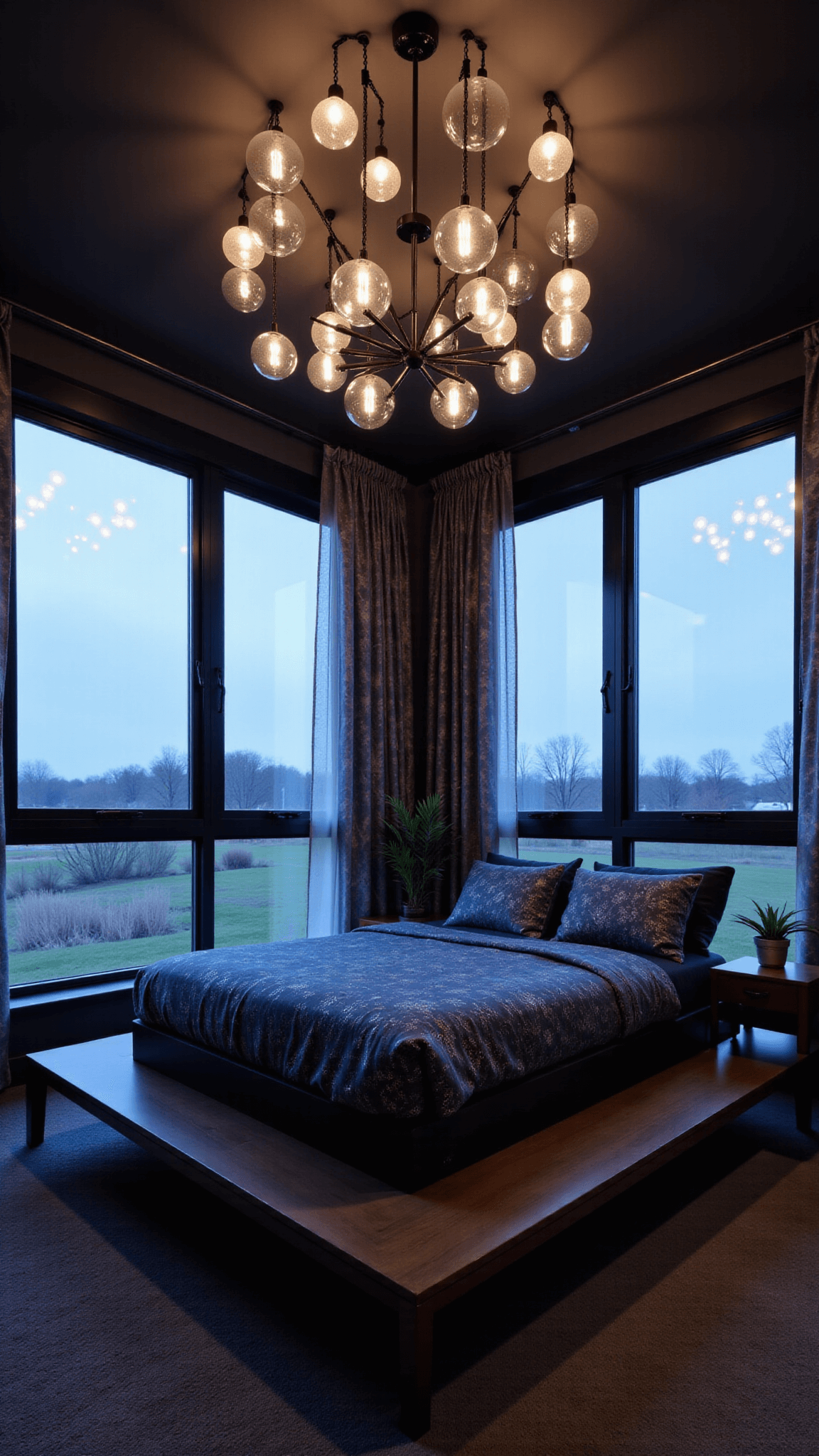 Contemporary 15x18ft primary bedroom at dusk with floor-to-ceiling windows, galaxy-print drapes, platform bed with midnight blue linens, illuminated glass orbs on the ceiling and plush charcoal carpet