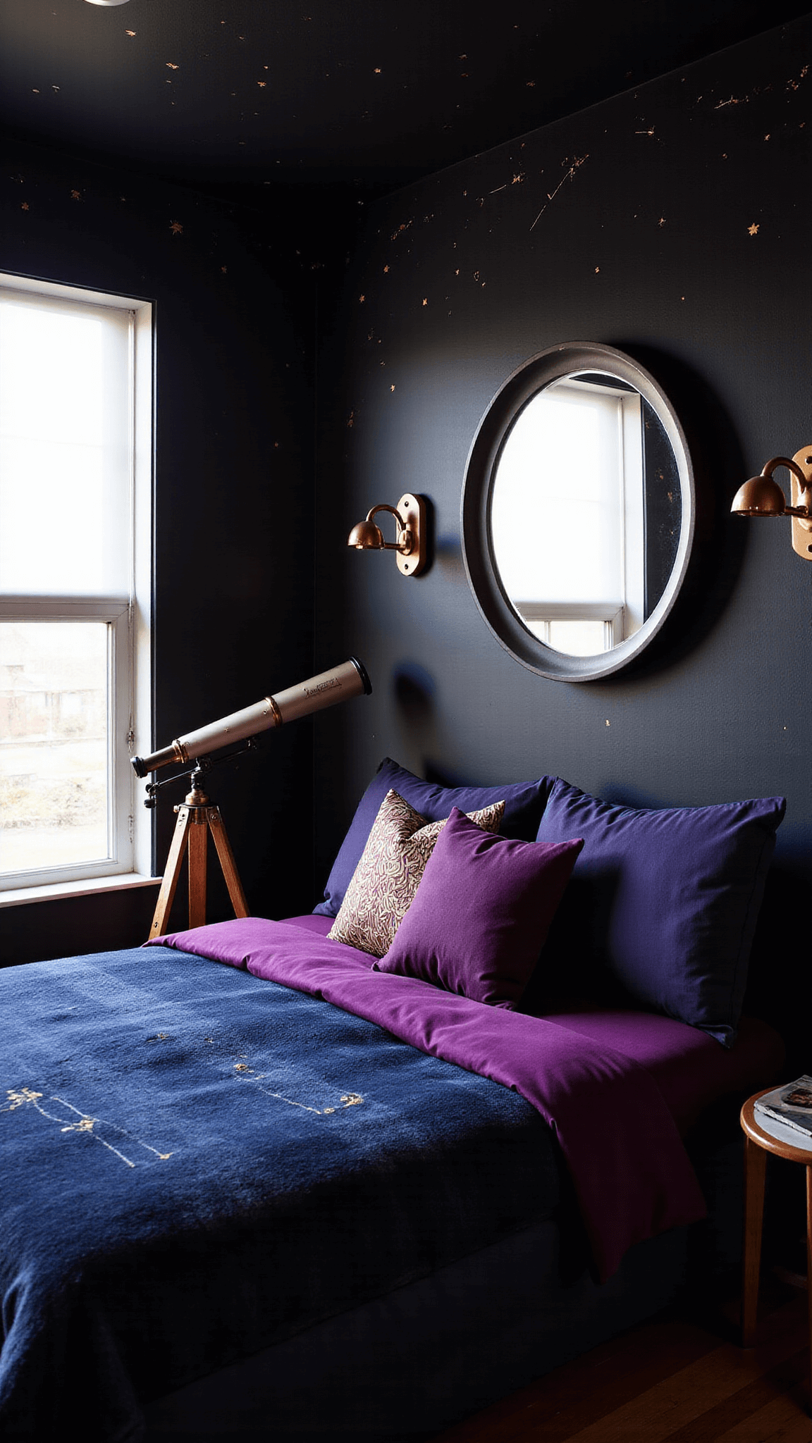 Elevated view of a cozy 11x13ft bedroom with deep space black accent wall featuring gold hand-painted constellations, queen bed with velvet, silk, and metallic textures in purples and blues, large round mirror with celestial copper sconces, and vintage telescope by the window during magic hour with side lighting.