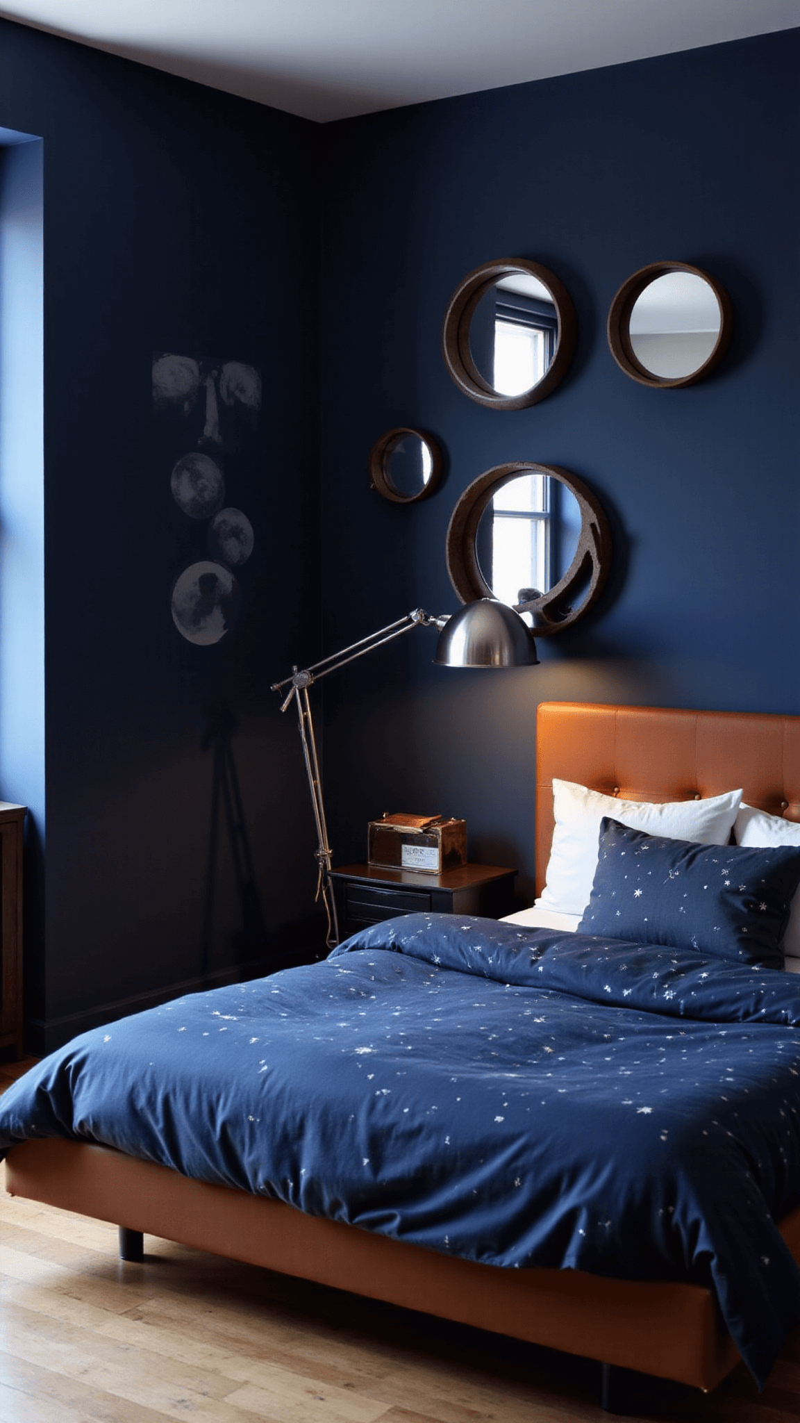 Minimalist 13x15ft bedroom at twilight with midnight blue walls decorated with silver constellation decals, low-profile bed with galaxy-print bedding, three oversized mirrors arranged in a lunar phase pattern, and a dramatic metallic orbital floor lamp.