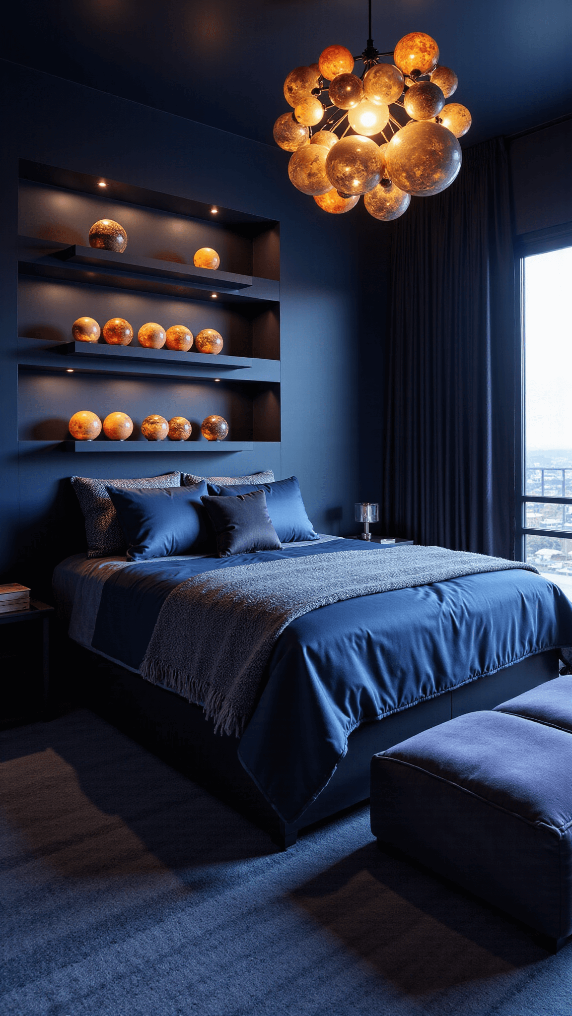 Luxurious 16x18ft bedroom with dark walls, illuminated glass planets display, cosmic-inspired California king bed, dramatic star formation pendant lights, and curved celestial seating during blue hour.