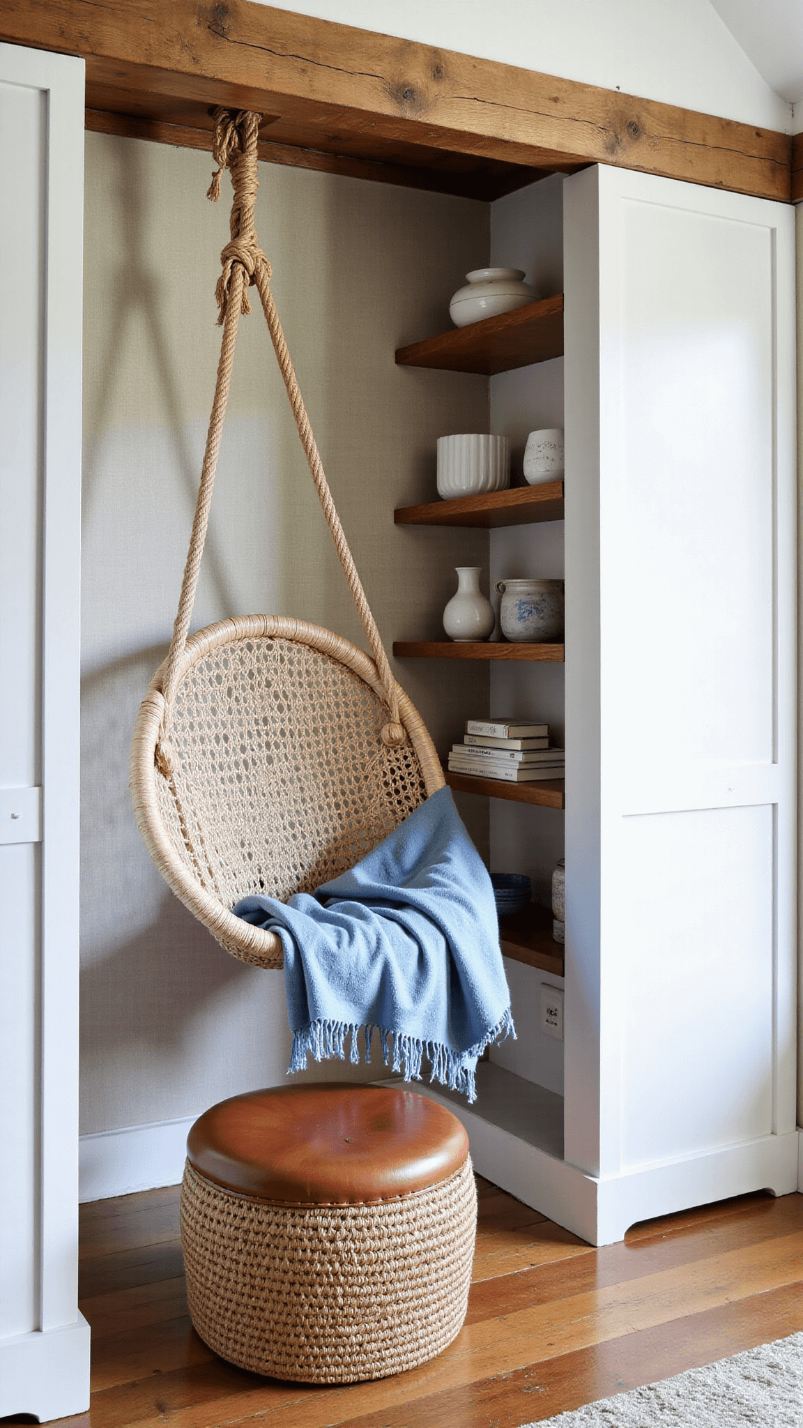 Cozy 8x10ft reading nook with white bookshelves, woven rope hammock chair, ceramic vessels on wooden shelves, and rattan ottoman under natural light.
