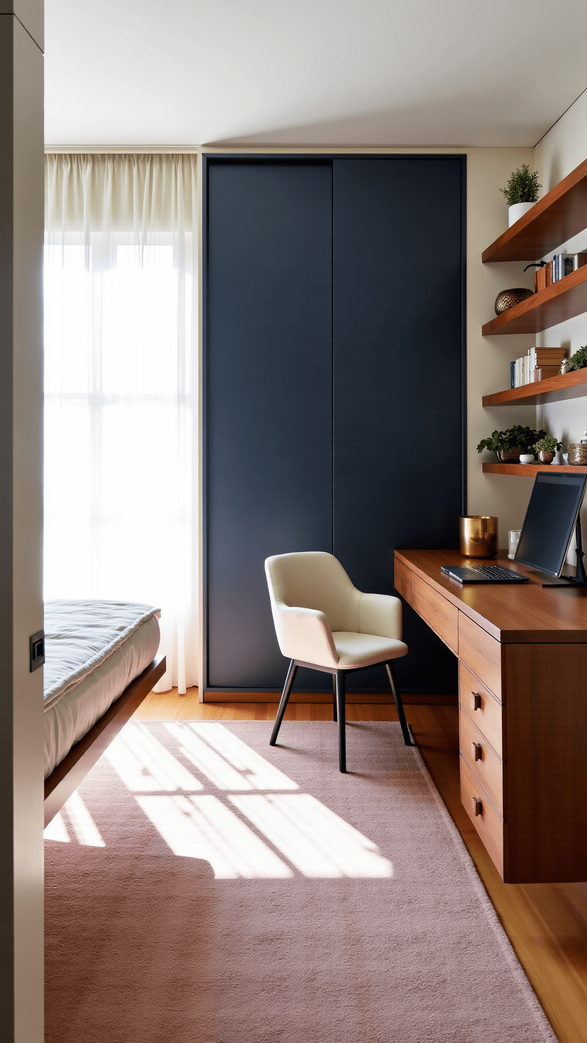 Sunny 12x14ft guest room office featuring a navy Murphy bed, floating walnut desk, cream bouclé office chair, layered Persian-style rug, and built-in shelving with brass decor, vintage books, and succulents; embodying Scandinavian minimalism and organic modern style.
