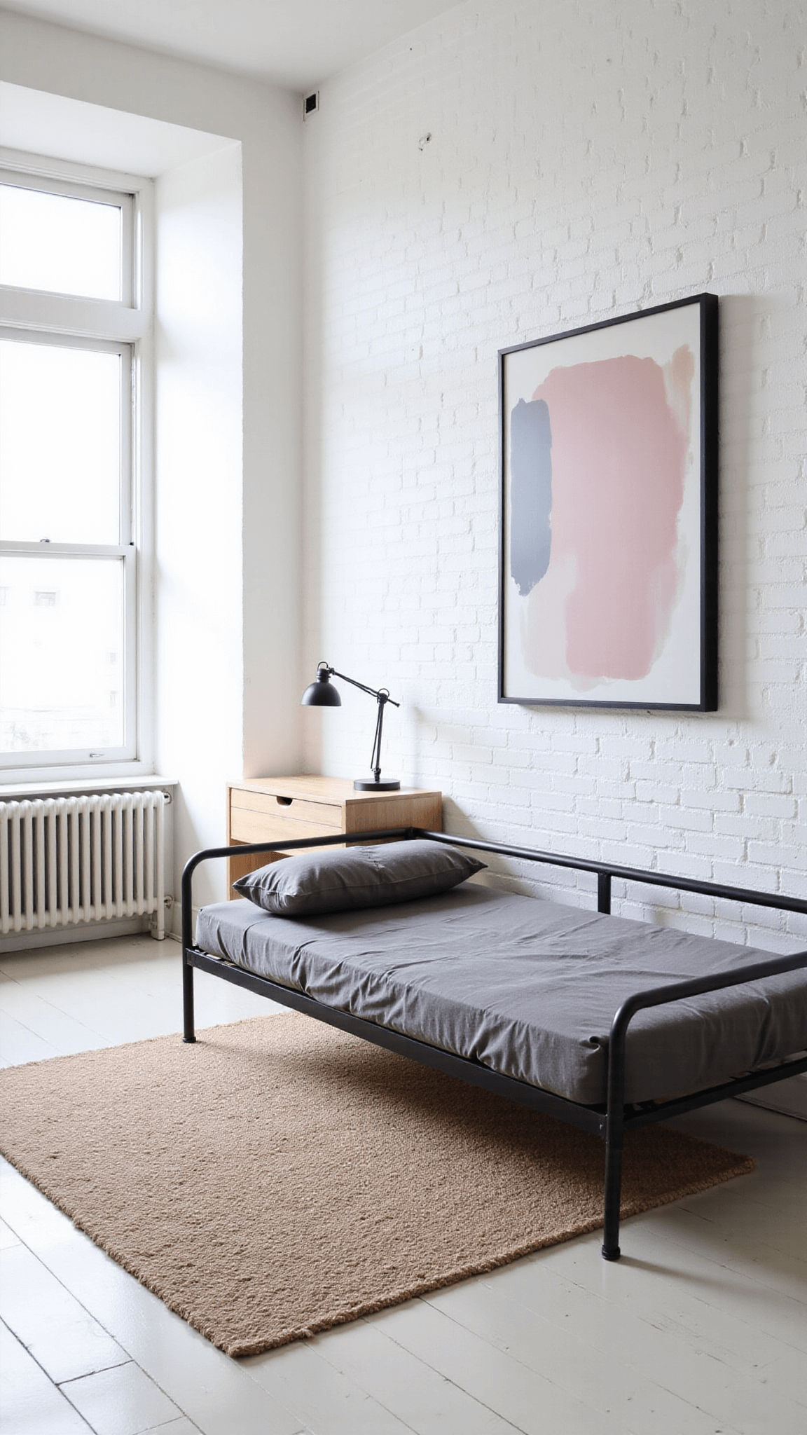 Corner room with Japandi design, white brick walls, black steel-framed daybed, folded compact secretary desk, oversized abstract art, and layered jute rug with soft bokeh effect.