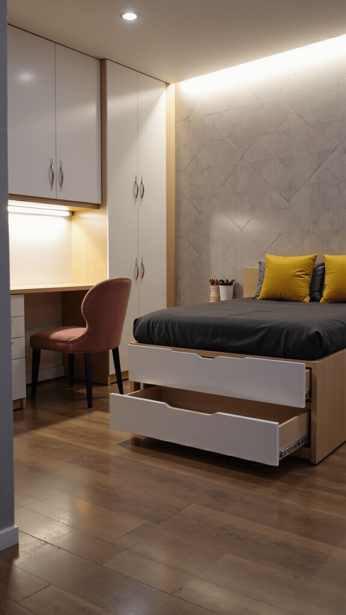 Dusk view of cozy 11x13ft room with warm lighting, featuring a wall-mounted desk, dusty rose velvet chair, queen-size bed with storage, and grey geometric wallpaper, showcasing space-saving solutions.