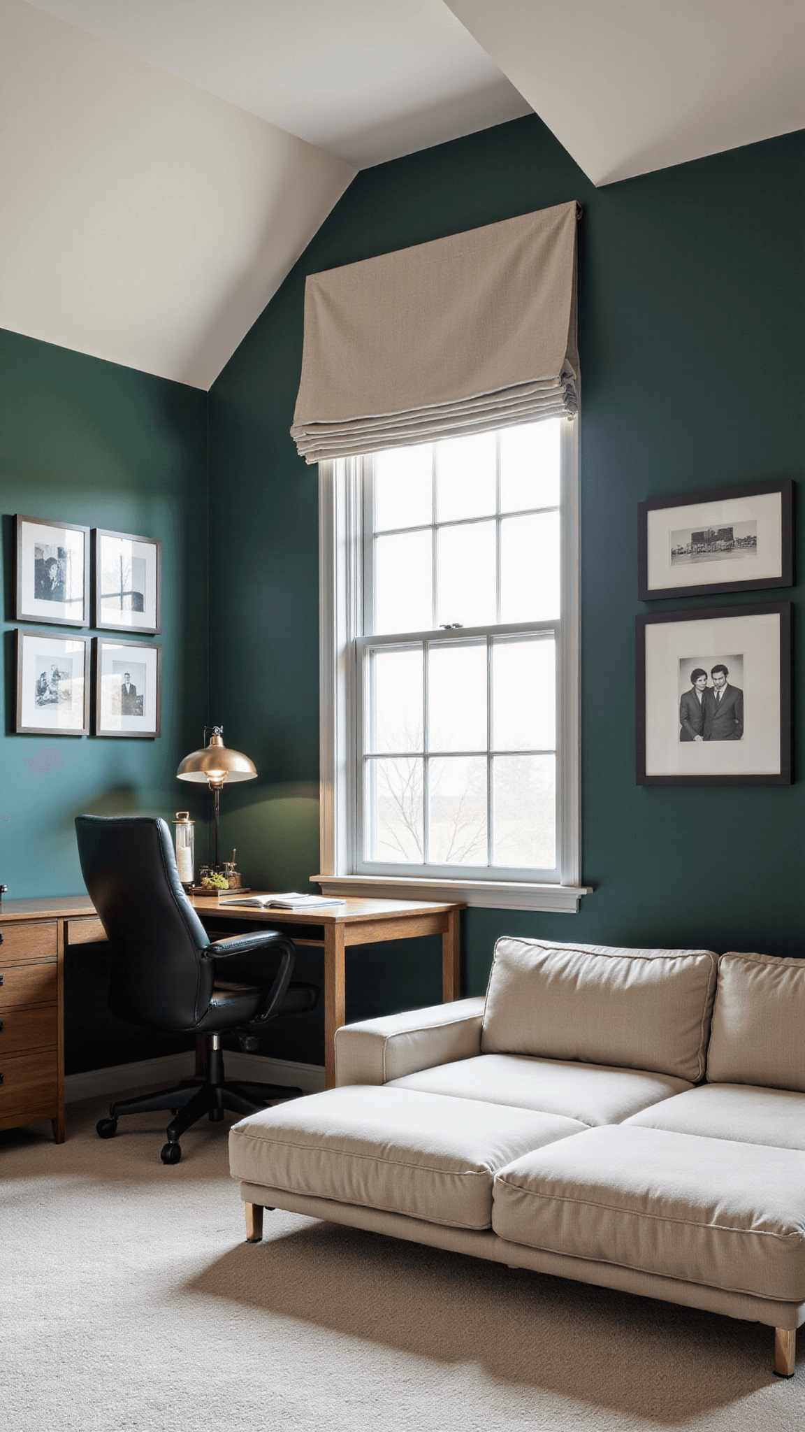 Elevated view of a sophisticated 13x15ft room with a dramatic 10ft tray ceiling, Roman shades, a convertible oatmeal bouclé modular sofa, custom built-in desk with LED lighting, and an emerald green accent wall adorned with black and white photographs.