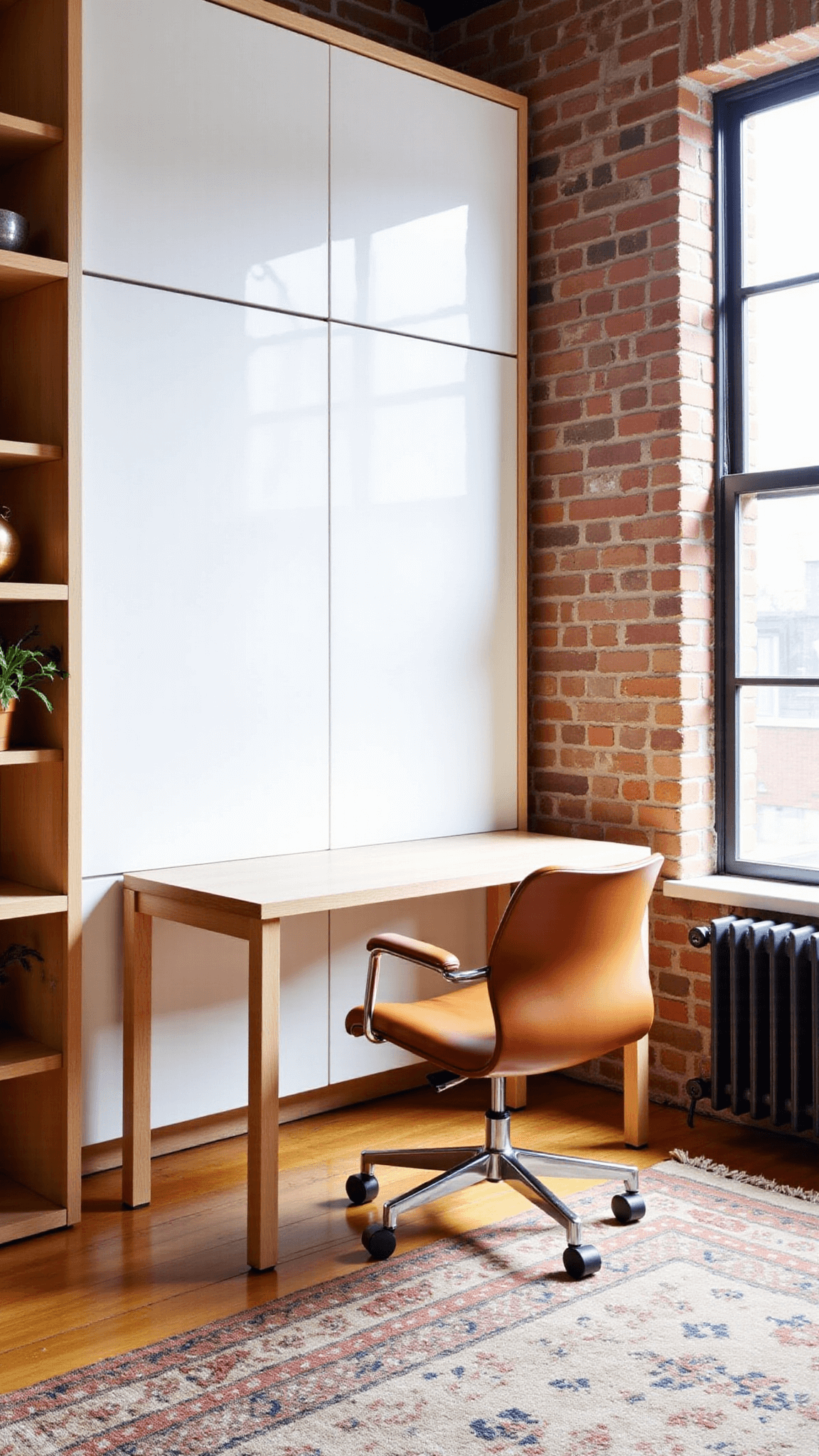 Modern Scandinavian-industrial space with warm white brick wall, large windows, minimalist Murphy bed with integrated desk, tan leather office chair, and floating shelves with brass trinkets and plants.
