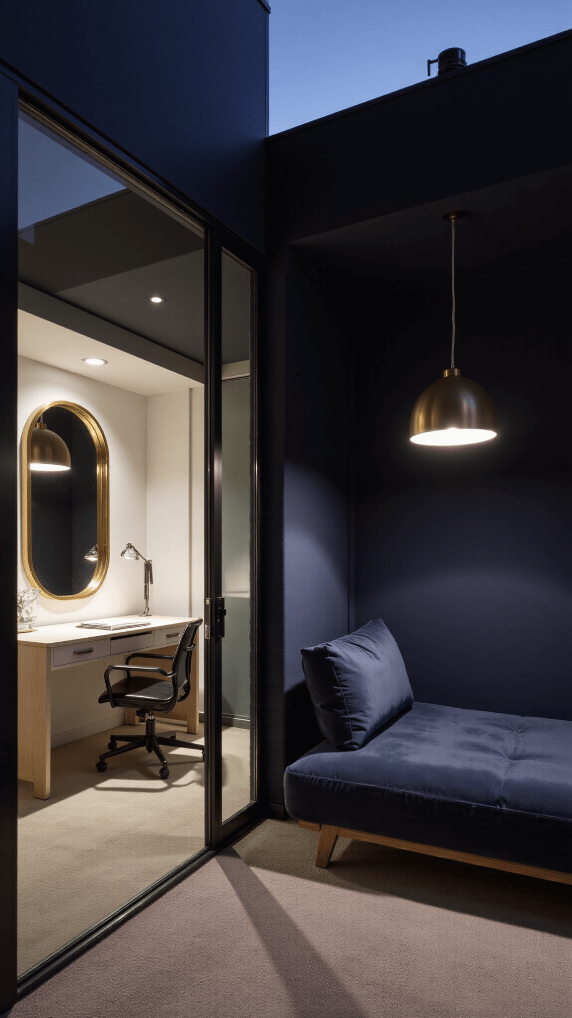 Twilight-lit luxury space with cove and pendant lighting, slate blue convertible daybed, separated home office with white oak adjustable desk, brass-framed oversized mirror, and sculptural floor lamp, mimicking a luxury hotel atmosphere.