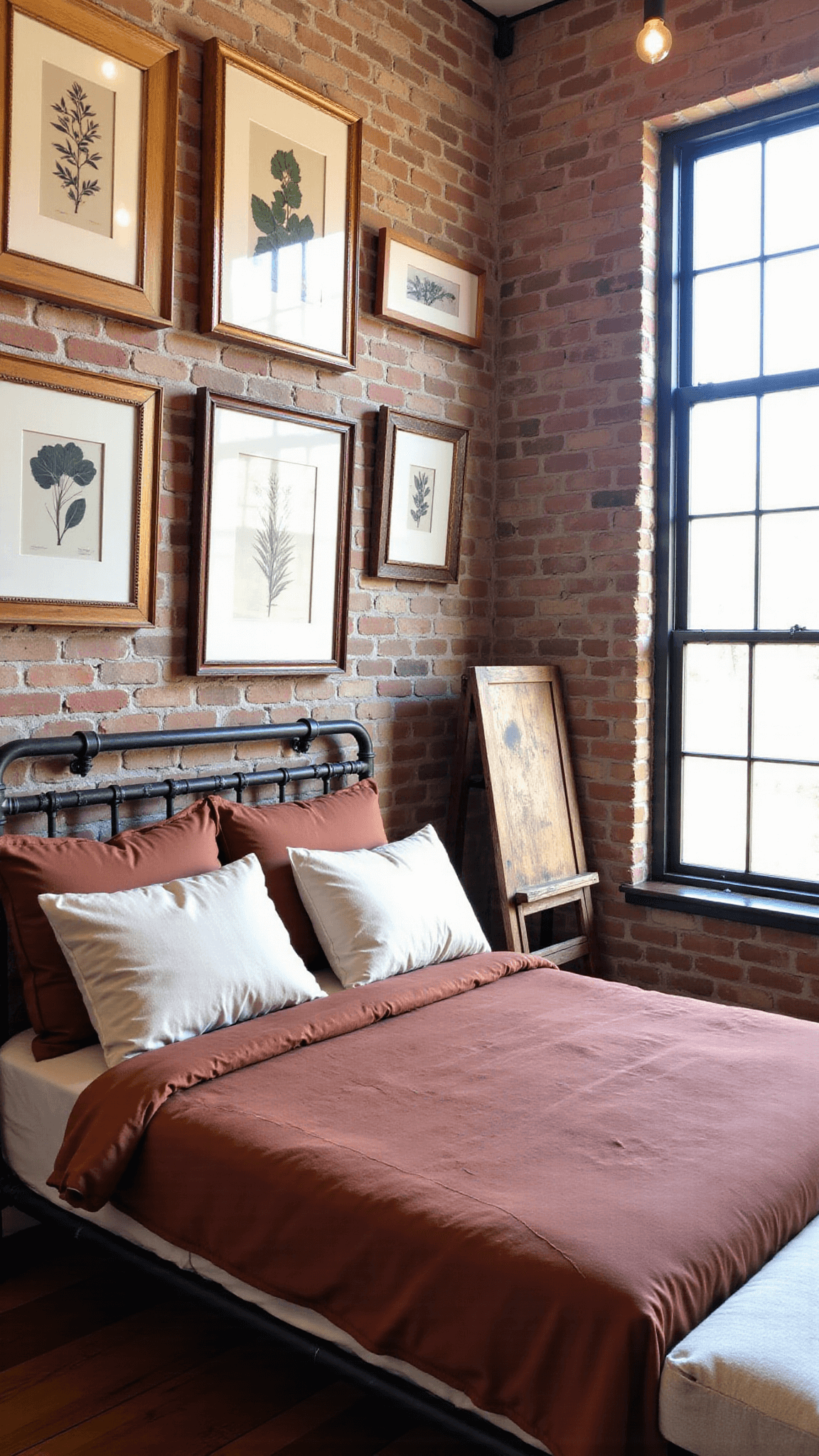 Rustic artist's guest room with an iron pipe bed frame, industrial-style windows, a gallery wall of vintage botanical prints, and a wooden easel with nature photography illuminated by vintage Edison bulb fixtures in warm afternoon light.