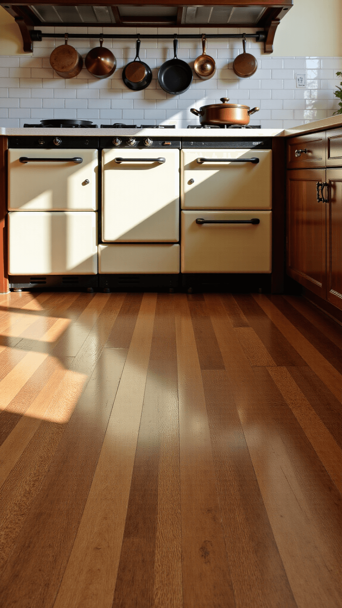 Early morning light highlighting the rustic texture of chestnut-toned hand-scraped oak flooring in a 12x15ft kitchen, featuring a cream Aga range against a subway tile backdrop, and copper and cast iron cookware on a pot rack.