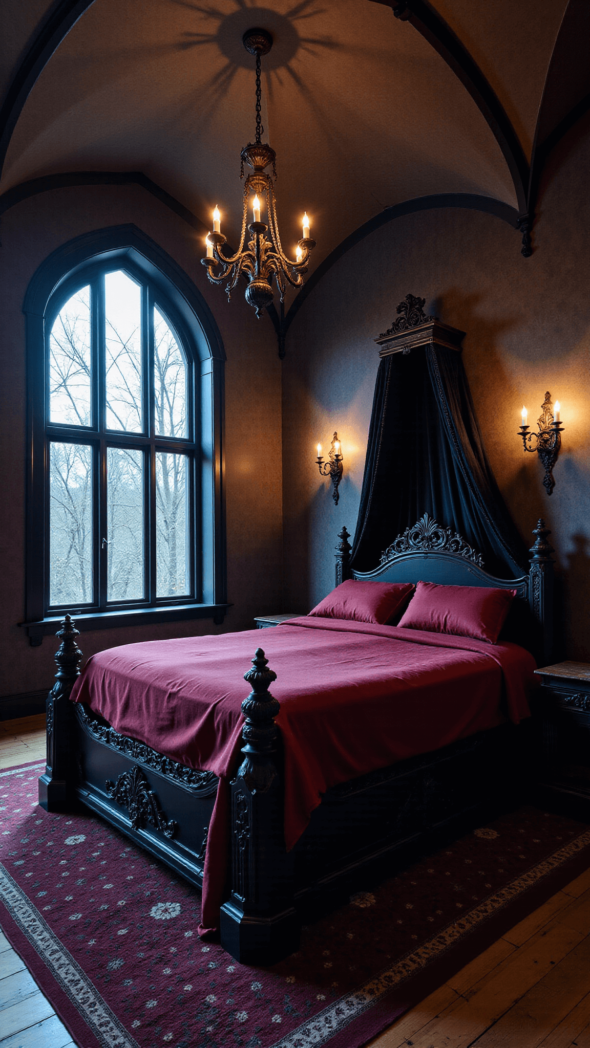 Spacious 18x18ft dark romantic chamber with Gothic arched windows, an ebony bed with red silk bedding, wrought iron sconces, and Persian rug under a medieval chandelier.