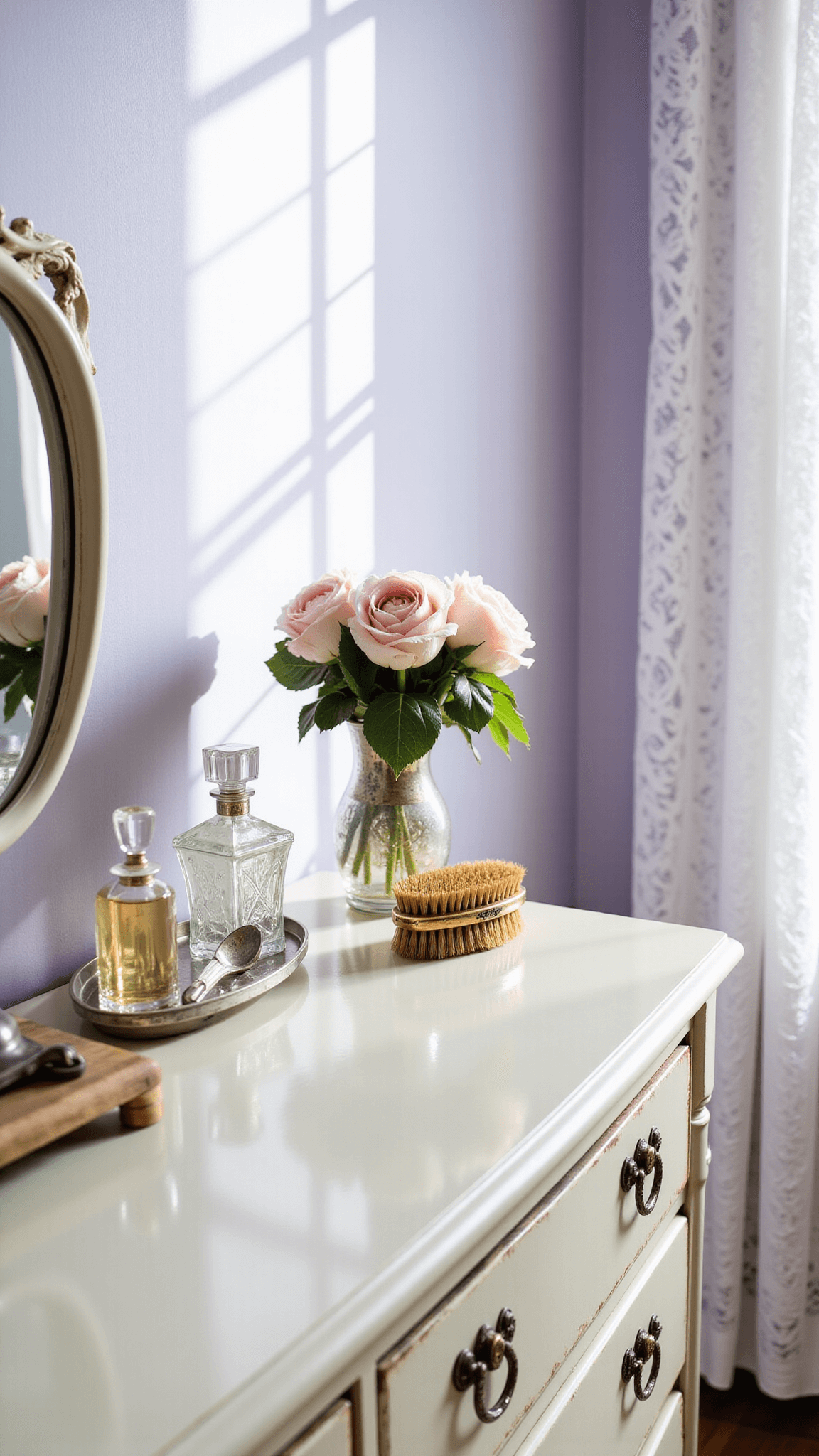 Antique ivory dresser with perfume bottles, peonies in a vase, and vintage brush set, bathed in morning light against lavender walls