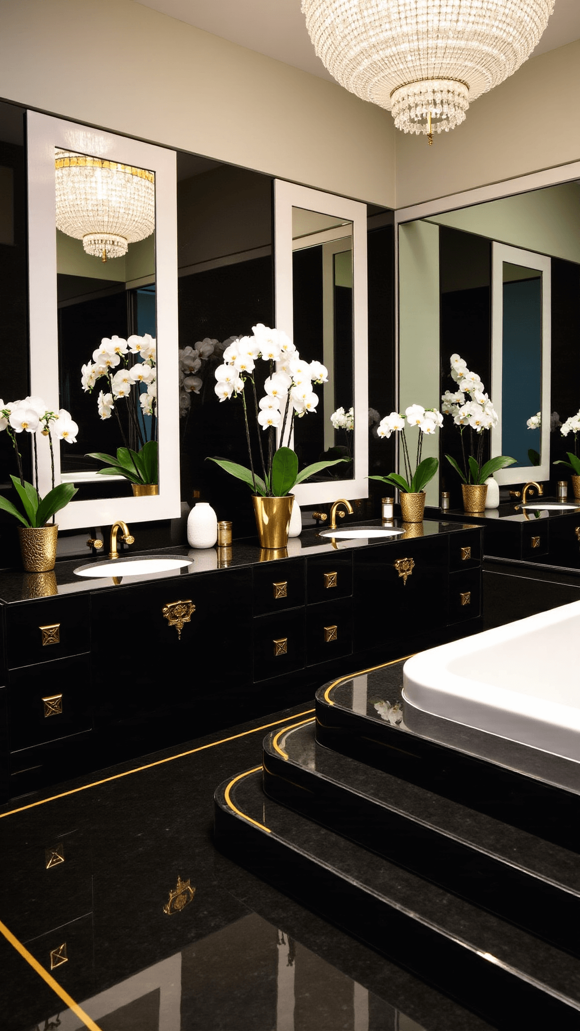 Art Deco inspired luxurious master bath with black marble floors, gold inlay, champagne-colored soaking tub, antiqued mirror panels, and crystal chandelier.