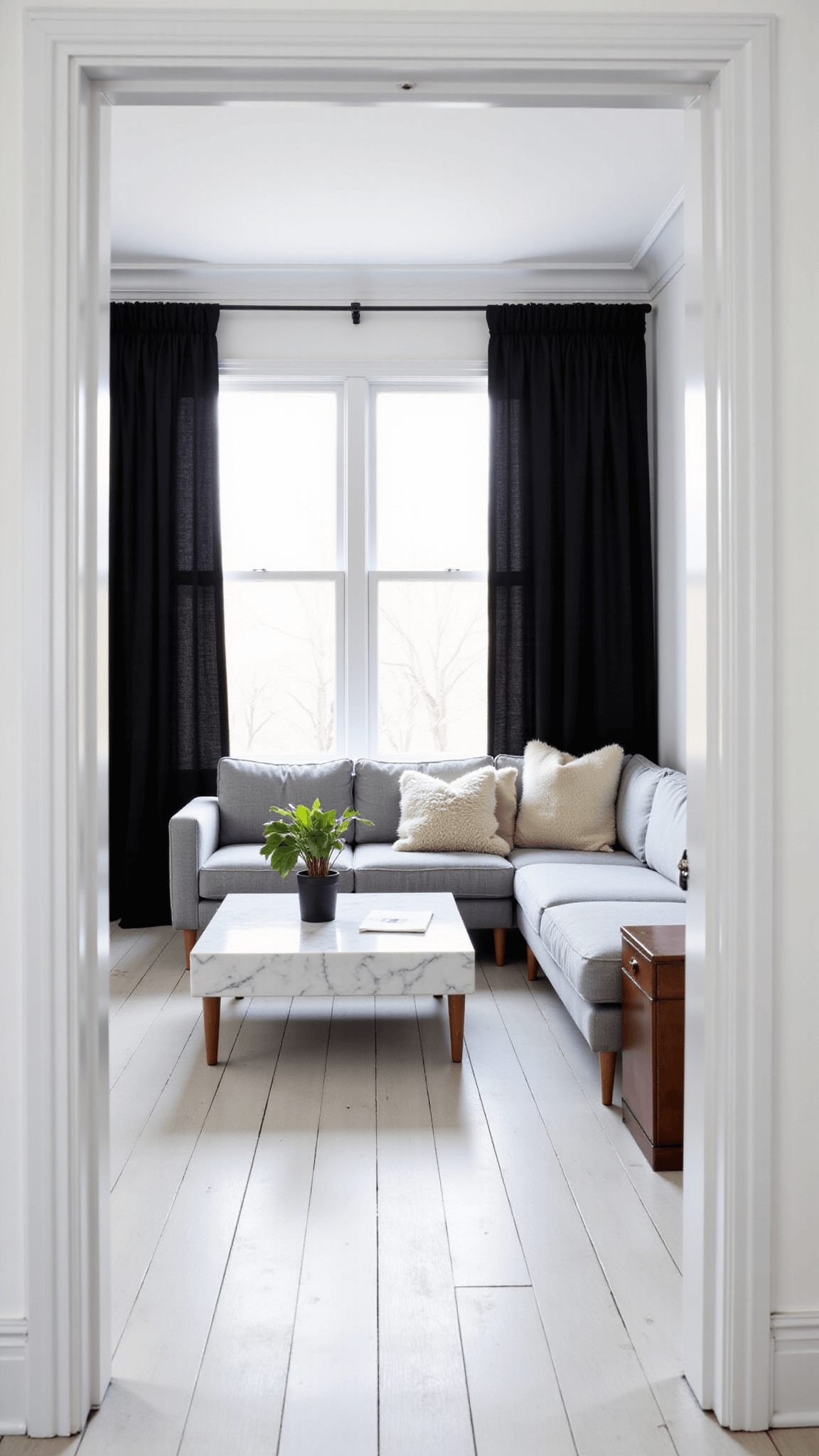 Scandinavian-inspired living room with pale gray furniture, white marble coffee table, black and white gallery wall, and light filtering through black linen curtains.