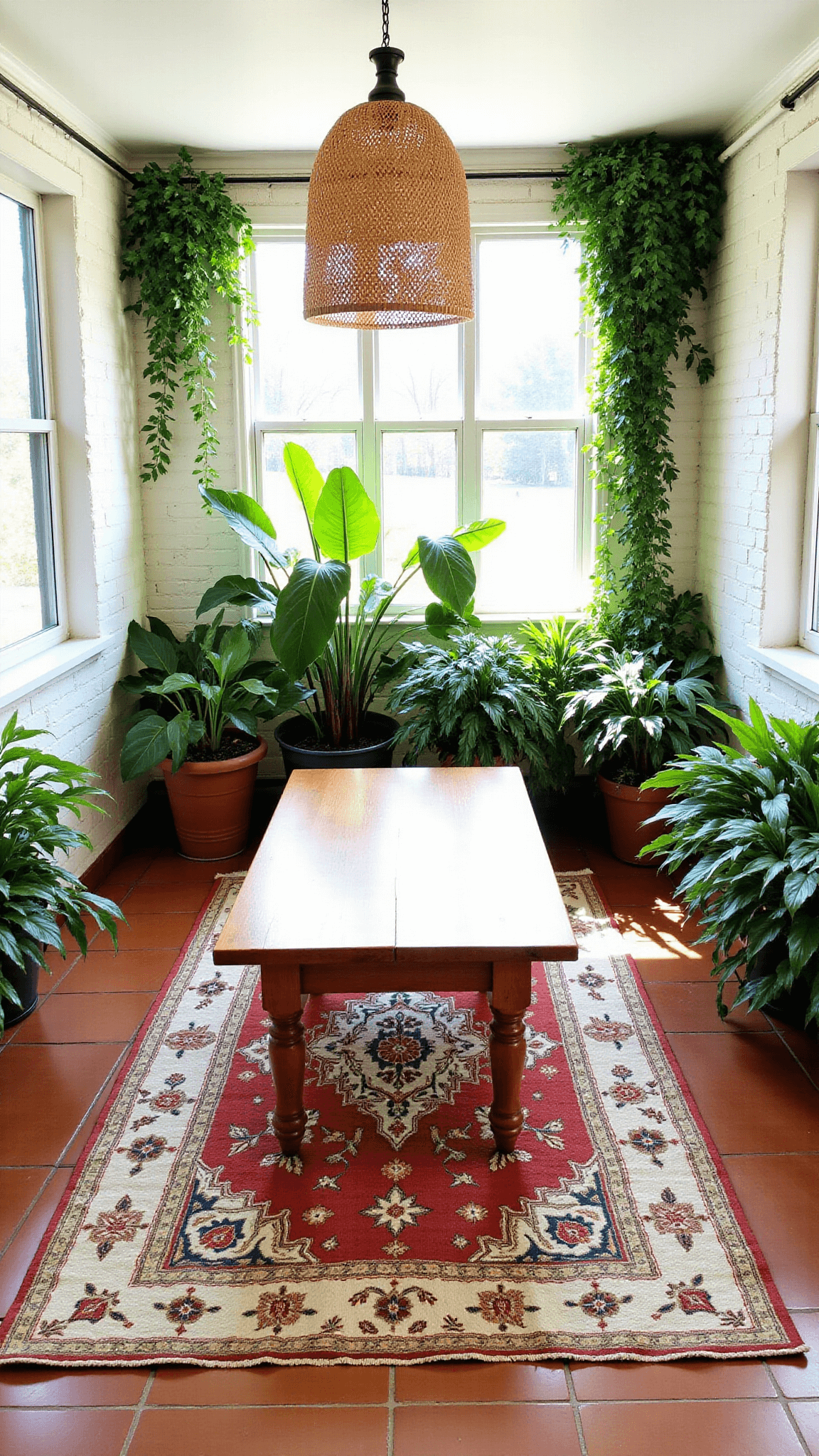 Sunlit botanical meditation retreat with whitewashed brick walls, terracotta flooring, teak table on a vintage Persian rug, surrounded by monstera, palm, and trailing pothos plants, with a rattan pendant for lighting.