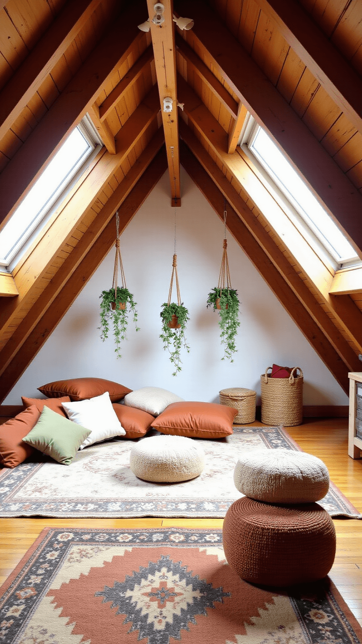 Bright skylit attic converted into a cozy meditation loft with exposed wooden beams, vintage Moroccan rugs, floor-level seating, and hanging macramé plants, view captured from the stairs.