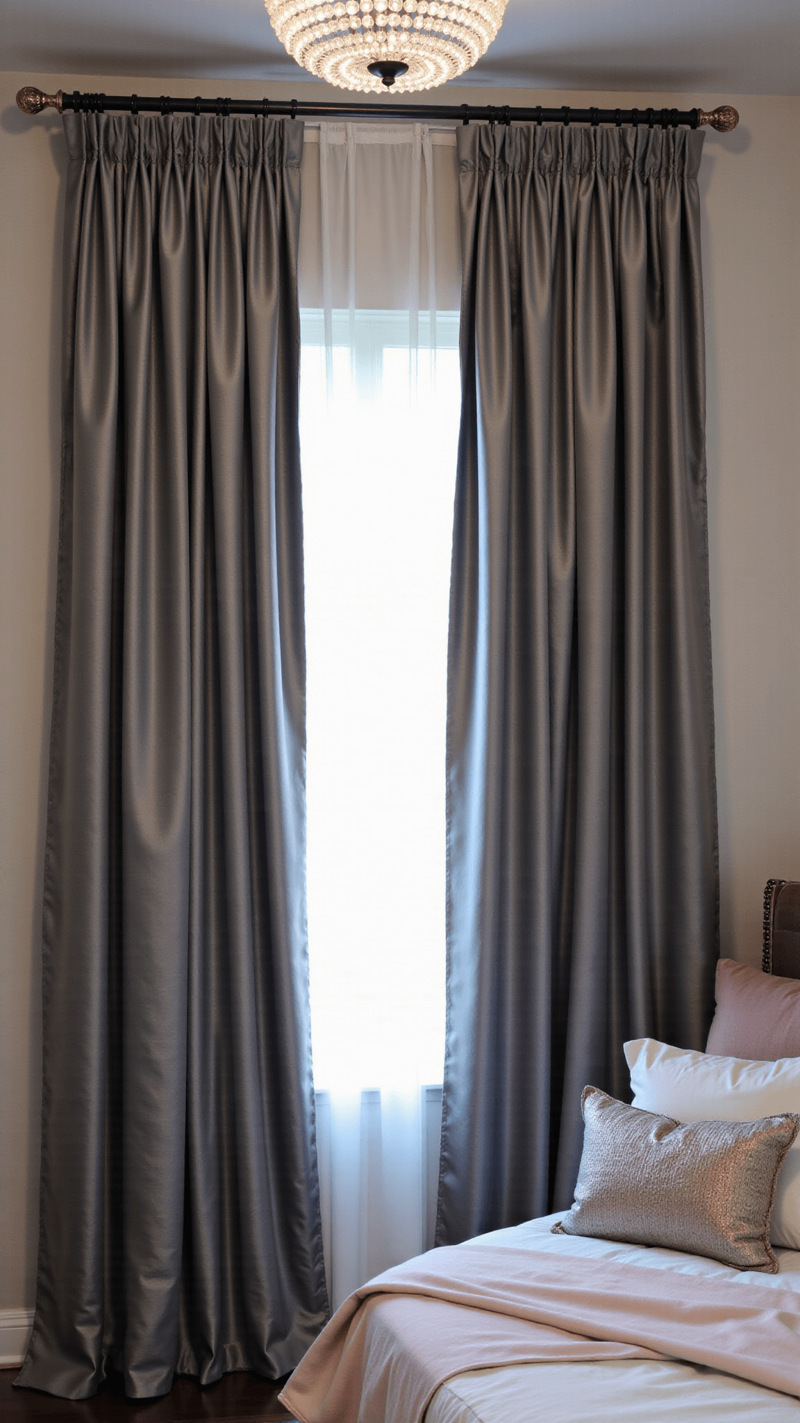 A luxurious master suite at dusk with grey silk-blend curtains, blush pink accents, and a sparkling crystal chandelier, showcased in moody lighting from a raised perspective.