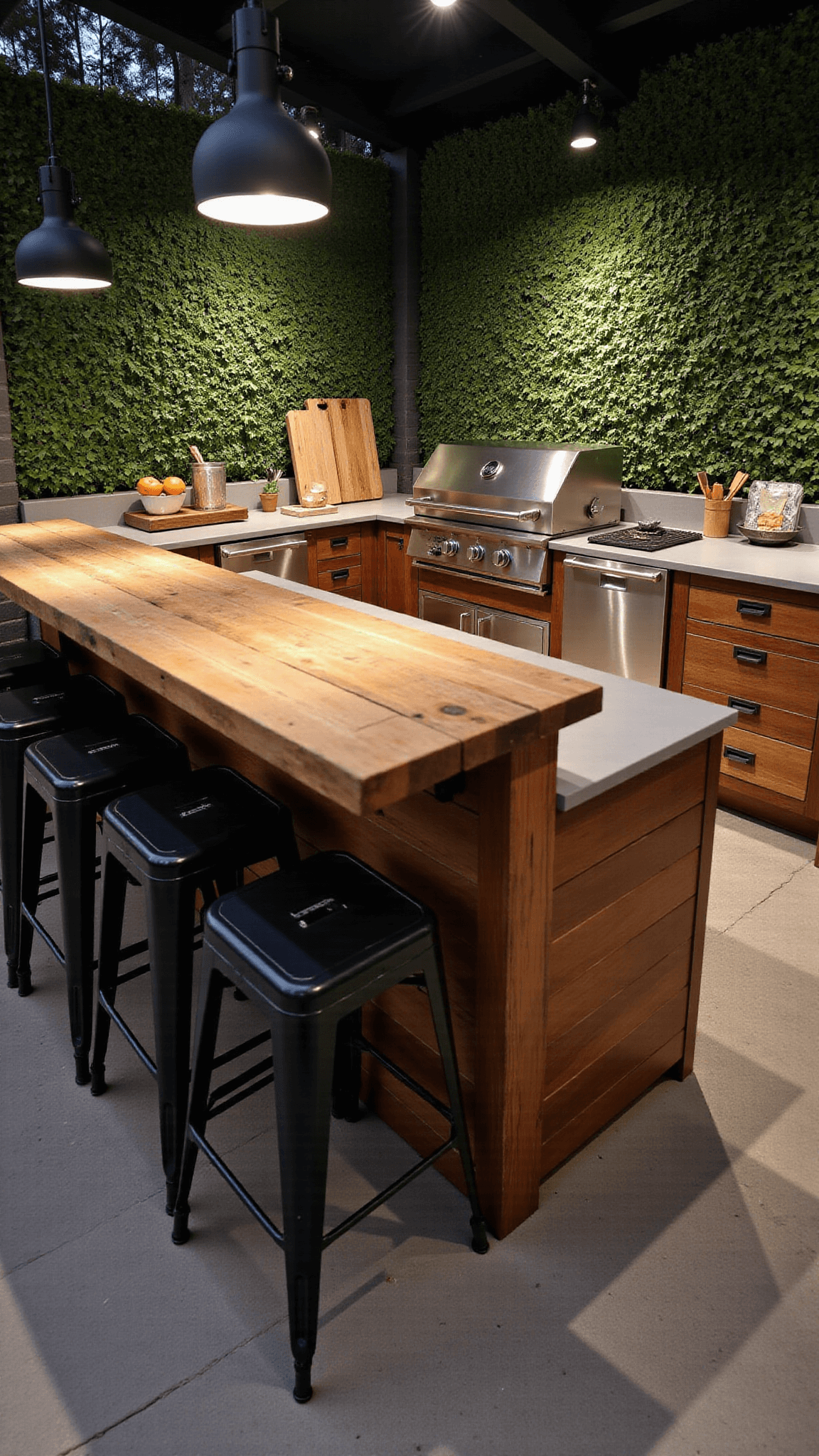 Twilight barbecue scene in an outdoor kitchen with stainless steel grill, polished concrete countertops, black pendant lights, reclaimed wood tables with metal stools and a herb garden wall, styled food station with wooden cutting boards, fresh ingredients, and grilling tools.