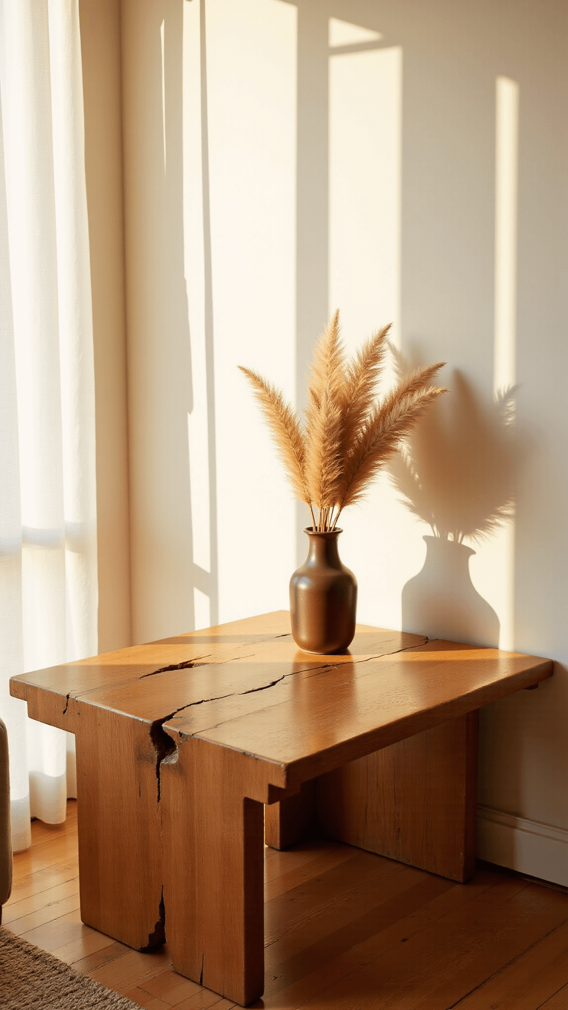 Minimalist living room bathed in golden hour sunlight, featuring an elm Wabi Sabi side table, ceramic vase with dried pampas grass, beige linen sofa, and jute rug.
