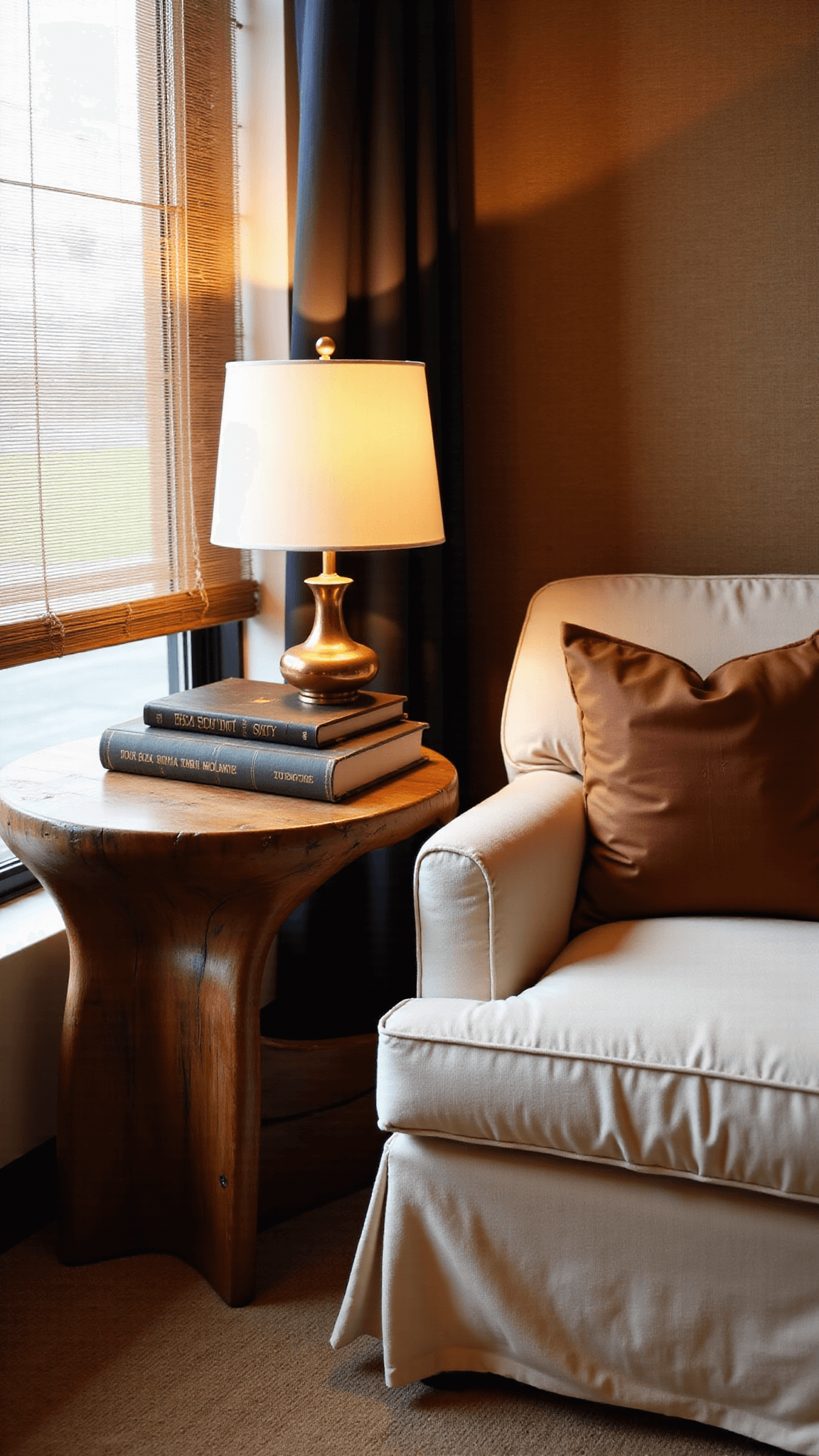 Intimate reading nook lit by morning light through bamboo blinds, featuring Wabi Sabi teak table with aged rings and cracks, weathered copper lamp and used leather-bound books; includes a comfortable oversized linen armchair adorned with raw silk earth-toned pillows, against a textured grasscloth wallpaper backdrop.