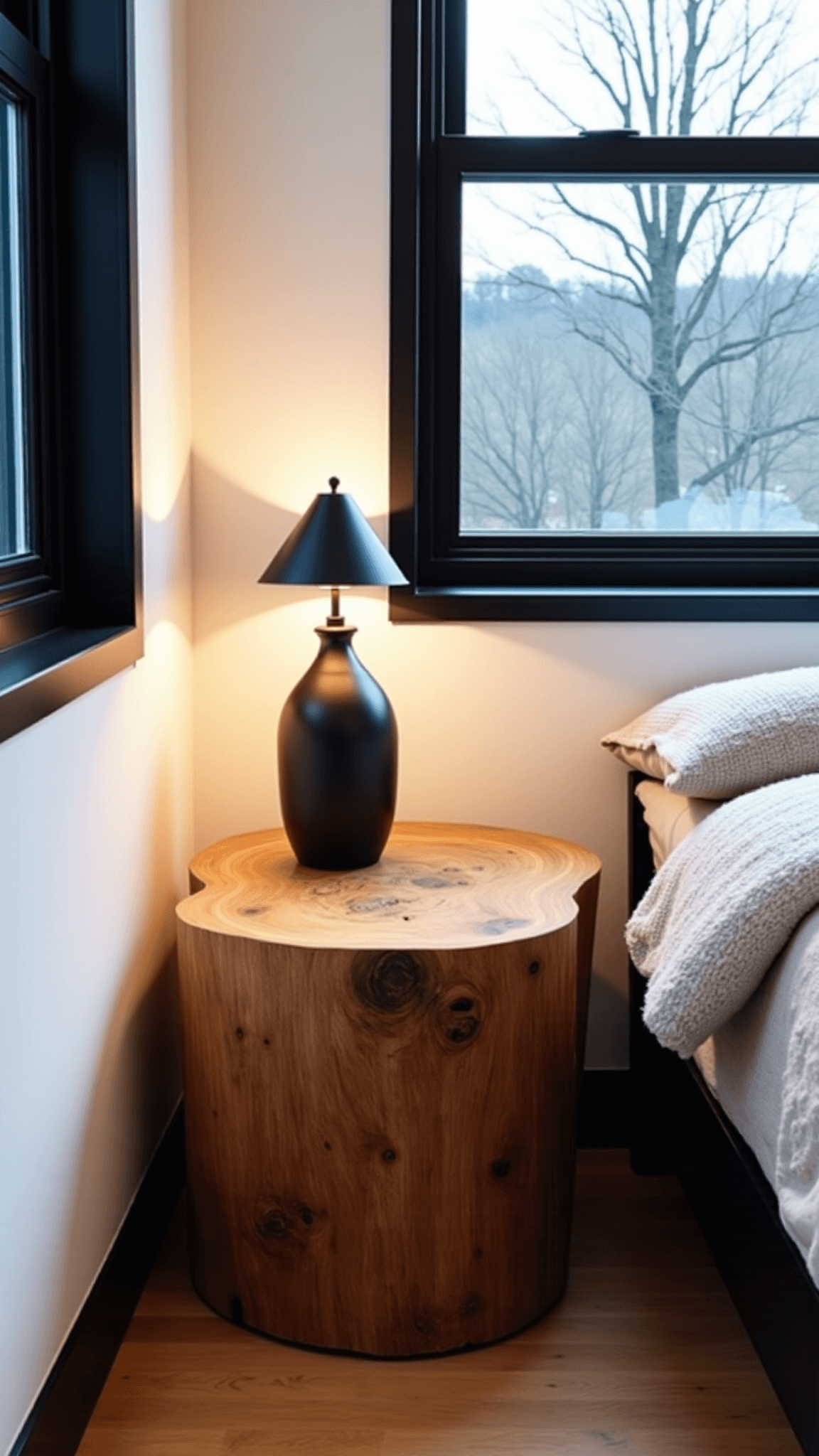 Serene bedroom corner at dusk with reclaimed timber side table between floor-to-ceiling windows, a wool throw on a modern bed and a matte black ceramic lamp providing warm illumination