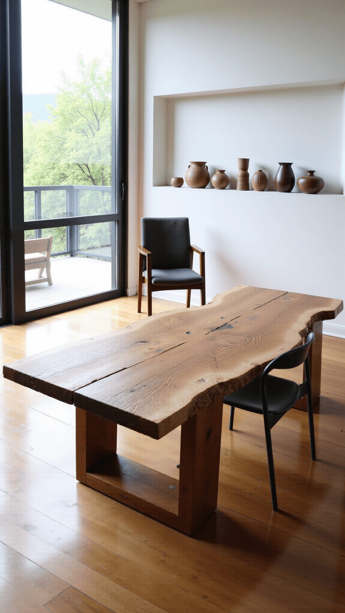 Bird's eye view of a modern living space with Wabi Sabi table crafted from ancient oak, mid-century modern chair, and a handmade pottery collection near large windows radiating soft afternoon light.