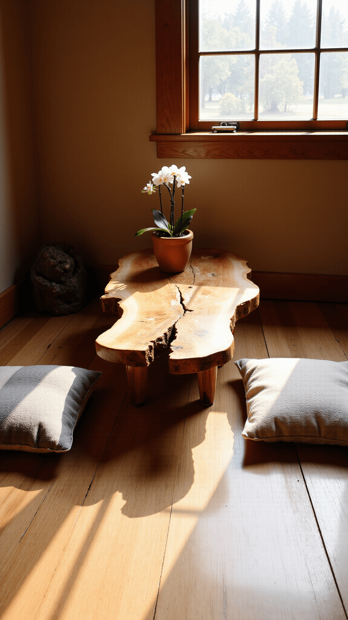 Close-up view of a centuries-old olive wood Wabi Sabi table in an intimate 8x10ft sunrise lit meditation room, showcasing its natural holes and bark inclusions, accompanied by undyed wool floor cushions, a single orchid in a ceramic vessel and a Zen rock garden.