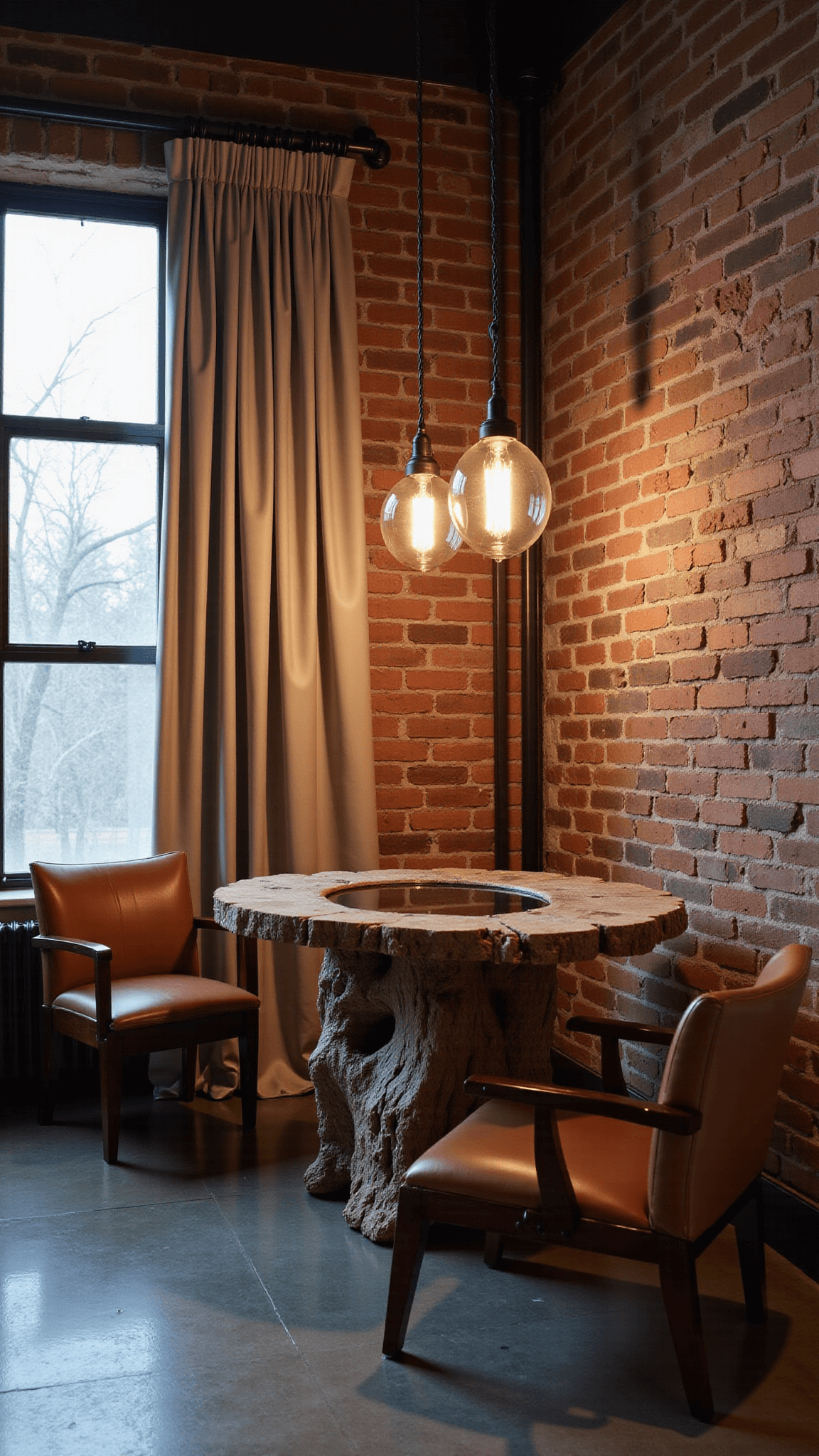 Twilight view of 15x20ft contemporary loft with a Wabi Sabi table crafted from twisted driftwood and glass, against an exposed brick wall, floor-length alabaster raw silk curtains, vintage leather chair and dramatic shadows cast by industrial pendant lights. Dutch angle shot emphasizing the moody atmosphere.