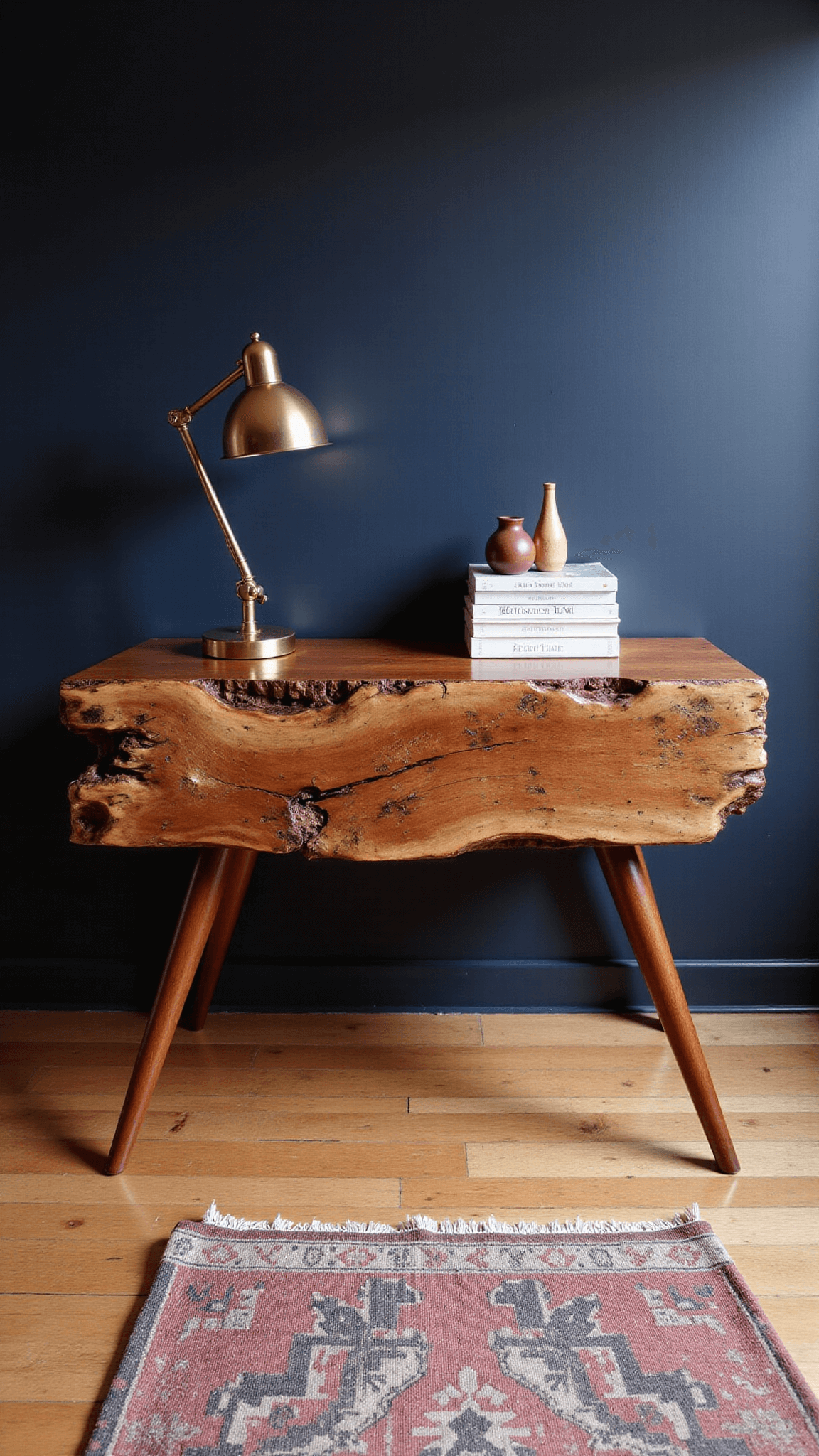 Rustic-modern study featuring Wabi Sabi side table made of redwood burl, brass desk lamp, art books and ceramic vessels on vintage Persian rug, highlighted by golden hour lighting against dark navy wall.