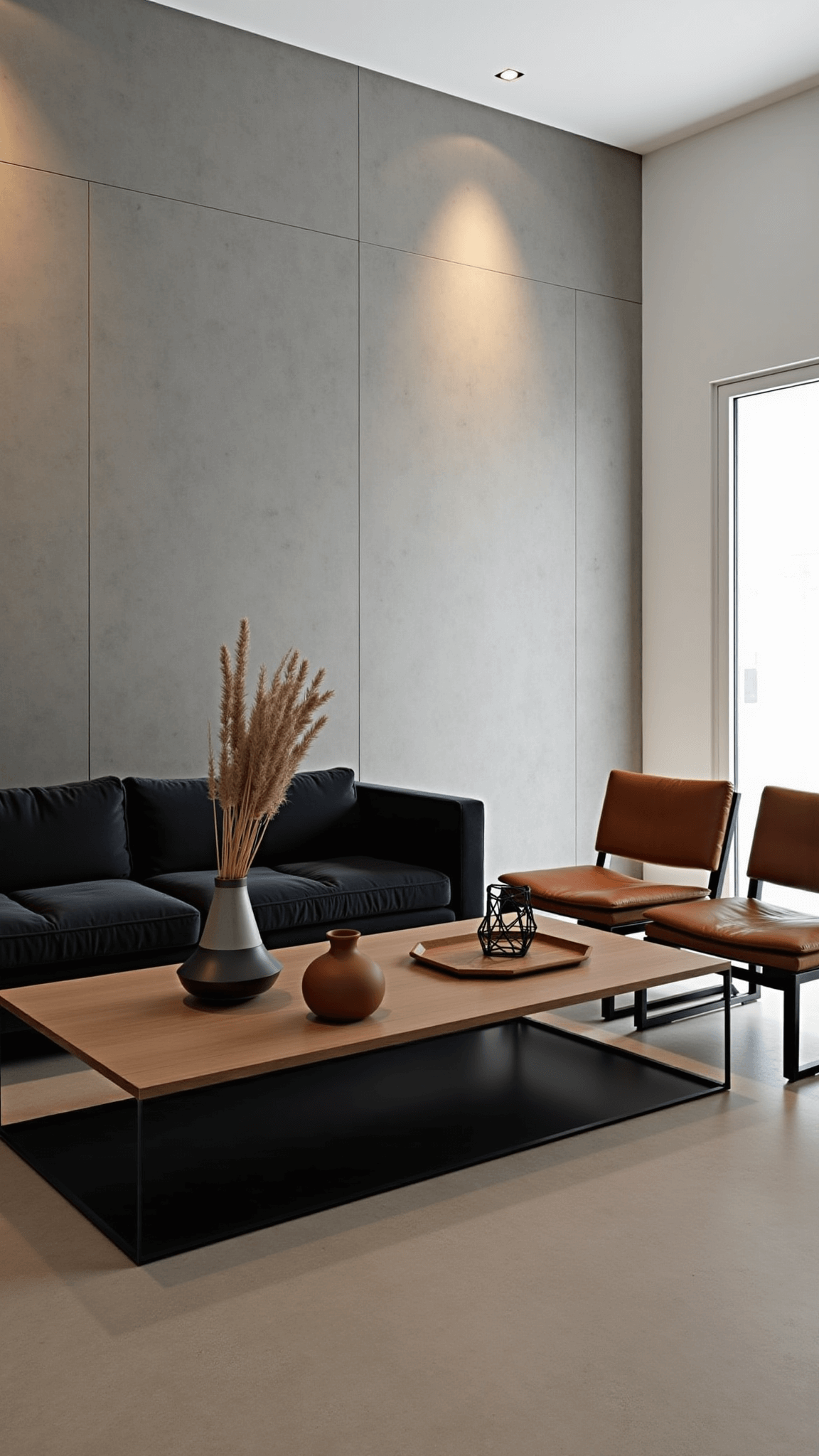 Modern open-concept space with concrete accent wall, dusk lighting, smoked oak coffee table, dried pampas grass in terracotta vessel, geometric sculpture and wooden tray, charcoal velvet sofa, and cognac leather chairs.