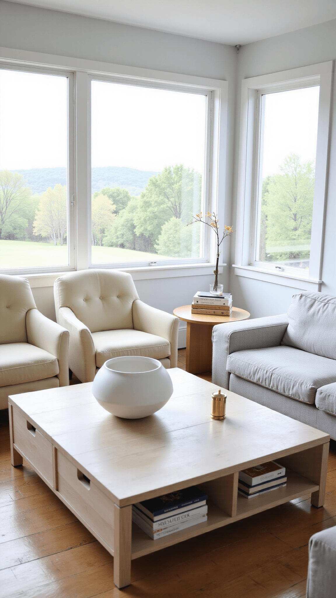 Serene living room with panoramic nature views, whitewashed teak coffee table, matte ceramic decorations, cream bouclé chairs, and a light grey linen sofa on pale oak herringbone floors in mid-morning light.