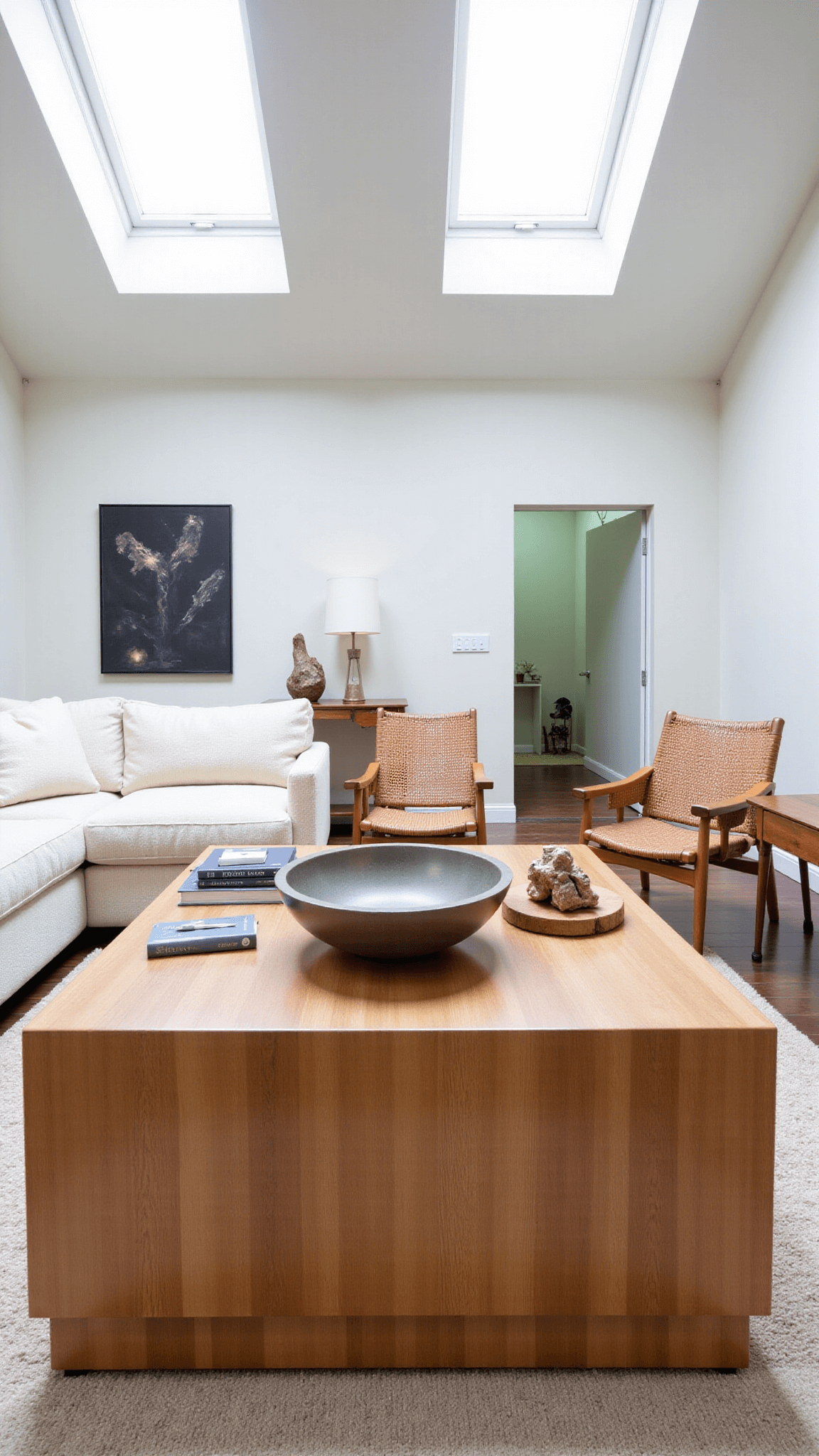 Spacious great room with vaulted ceiling, flooded with morning light from skylights, featuring a honey-toned oak coffee table, ivory sectional, and woven leather chairs.