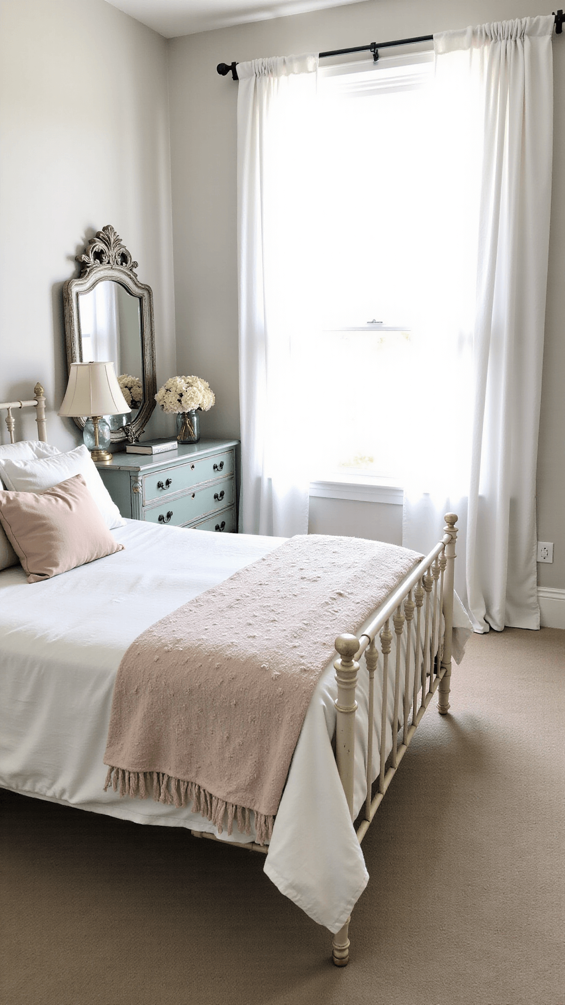 A serene master bedroom bathed in ethereal morning light, featuring a distressed white queen bed, sage green nightstands with mercury glass lamps, an antique French dresser with a silver mirror, and dried hydrangeas in mason jars.