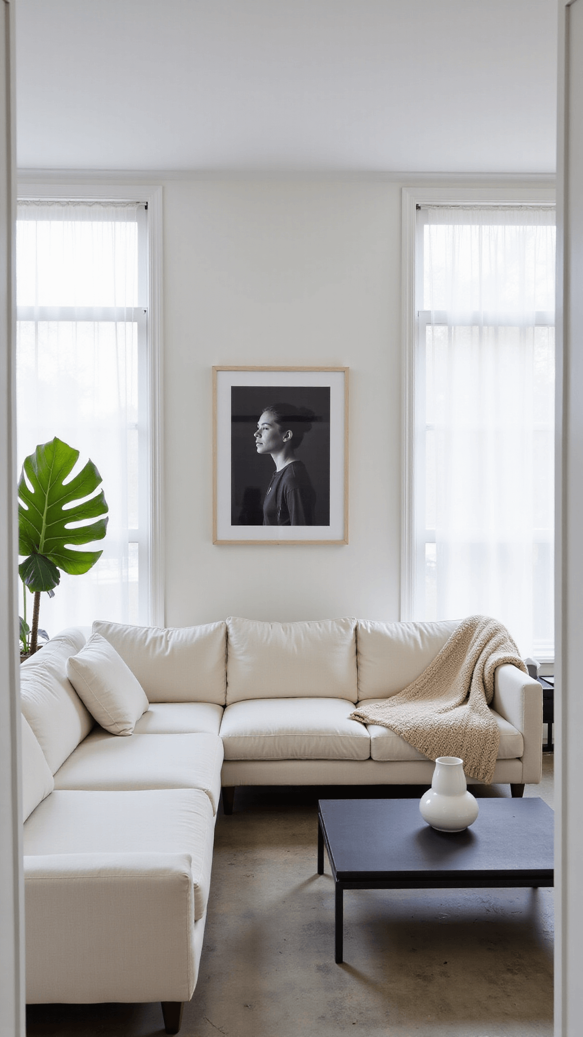 Bright and airy living room with floor-to-ceiling windows, cream sofa, concrete floors, fiddle leaf fig, black coffee table, white vase, and a large black and white photograph in warm white and soft gray color palette, taken at eye level in natural light.