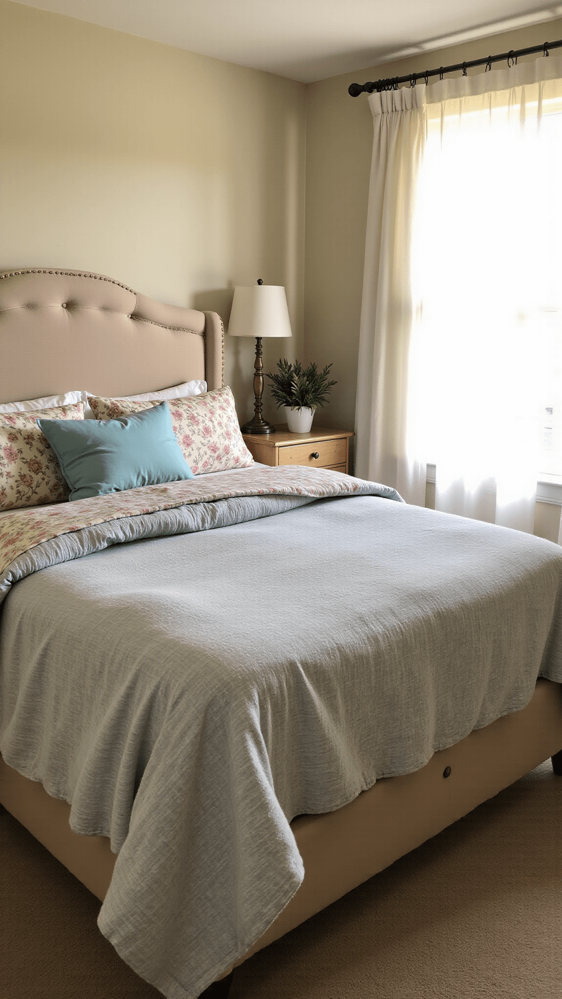 Warm golden light illuminates a 14x16ft bedroom with a vintage floral and striped oatmeal linen bed, pastel-colored chippy paint armoire, and gauzy curtains, shot from an elevated perspective at F/4 aperture.