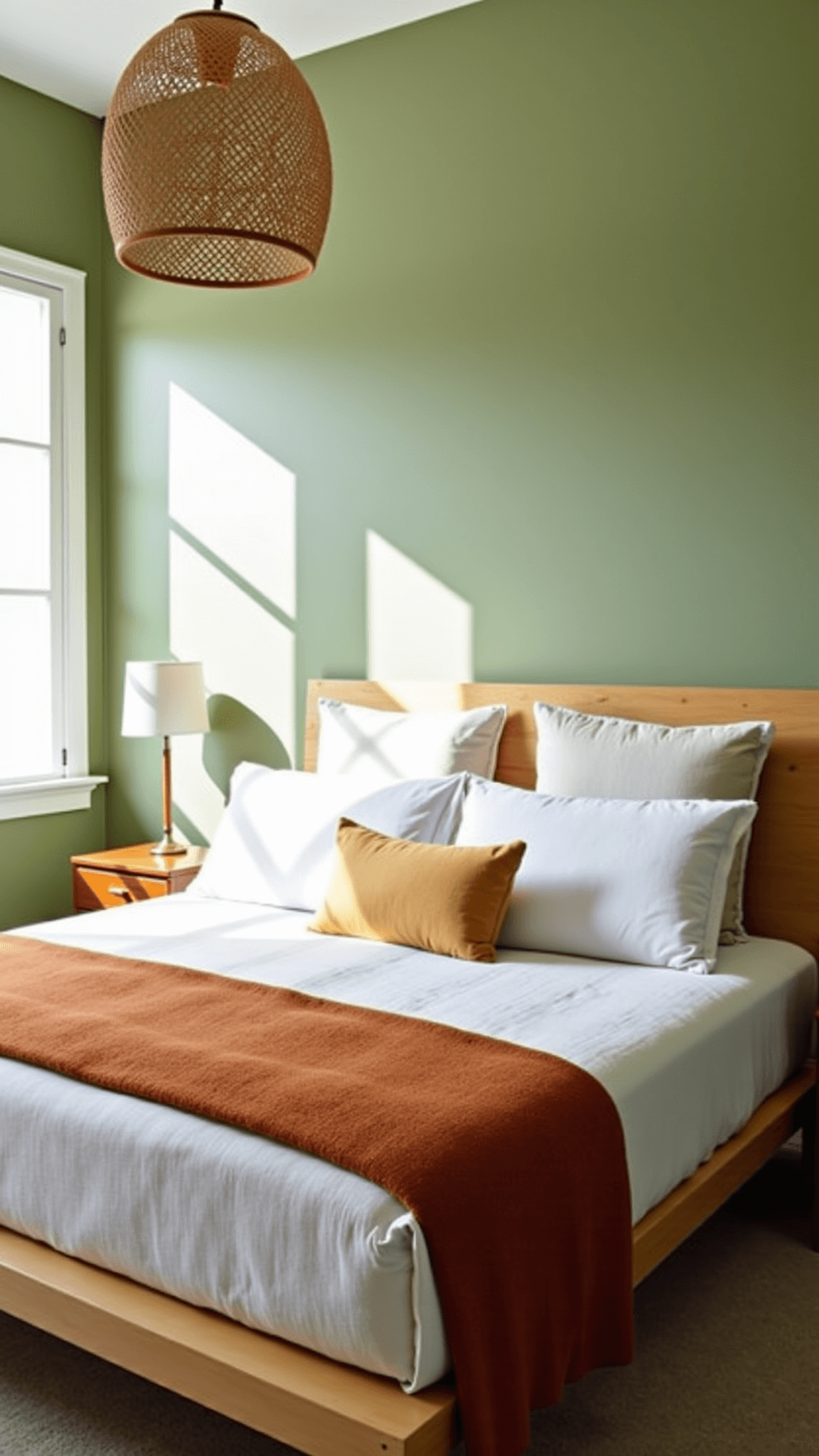 Mid-Century style bedroom with bleached oak queen bed, sage green walls, white linen bedding, rust-colored throw, and textured cream pillows, elaborately lit by morning sun and rattan pendant light.