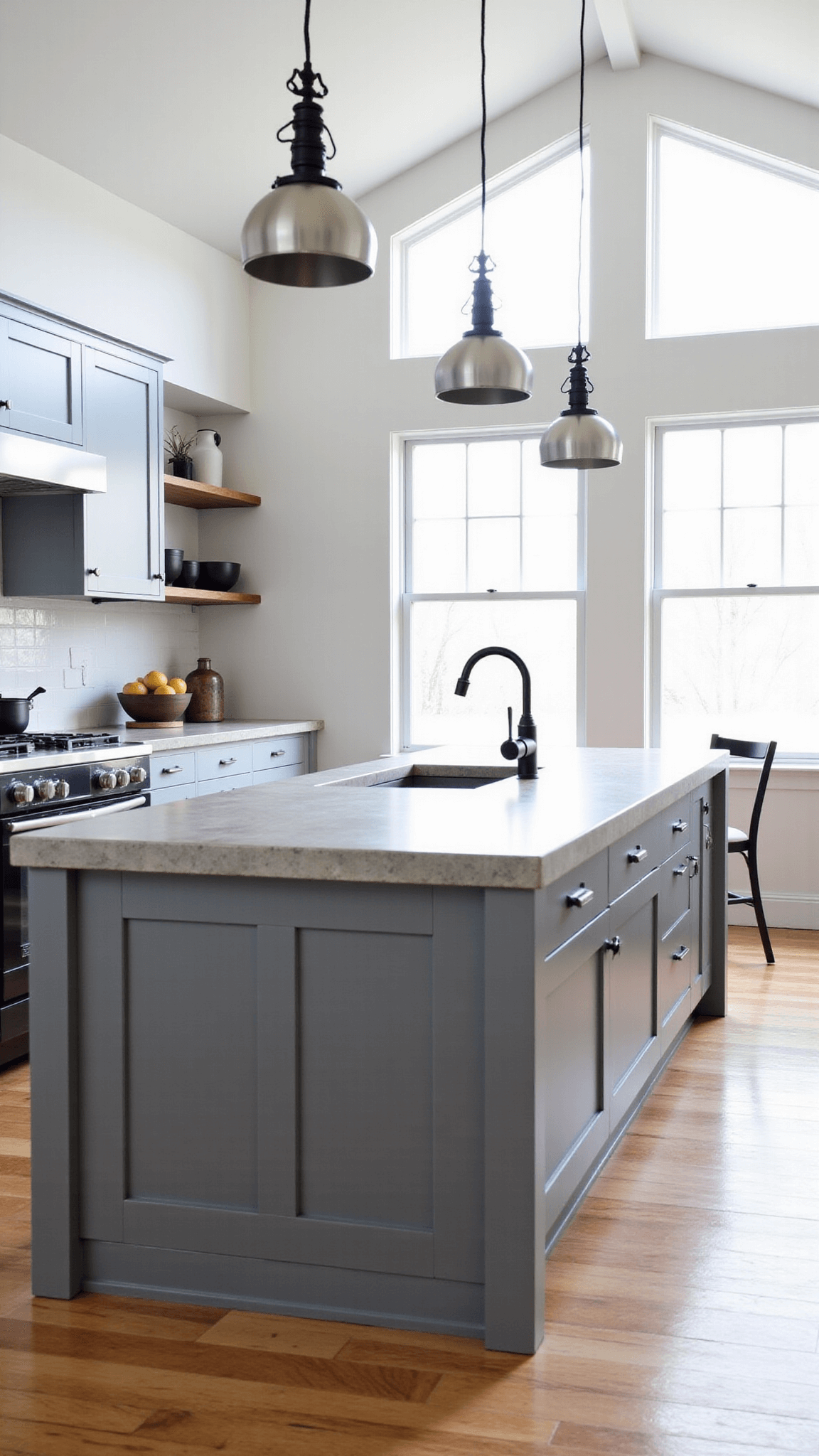 Bright industrial-modern farmhouse style kitchen with a 12' island, concrete countertop, matte black faucet and pendant lights, brushed steel bowls, black ceramic vessels, large factory-style windows, and light gray cabinets, shot from an elevated position.