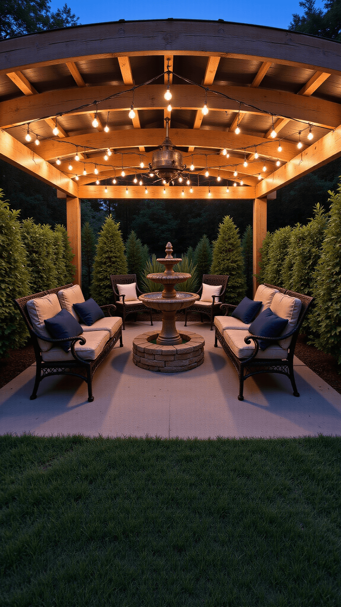 A twilight view of a garden sanctuary featuring a weathered cedar pergola lit with warm Edison bulb lights, layered plantings of hydrangeas, boxwood, climbing roses, a central aged stone fountain reflecting evening light and vintage iron furniture with plush navy cushions, captured from ground level with a dreamy bokeh effect.