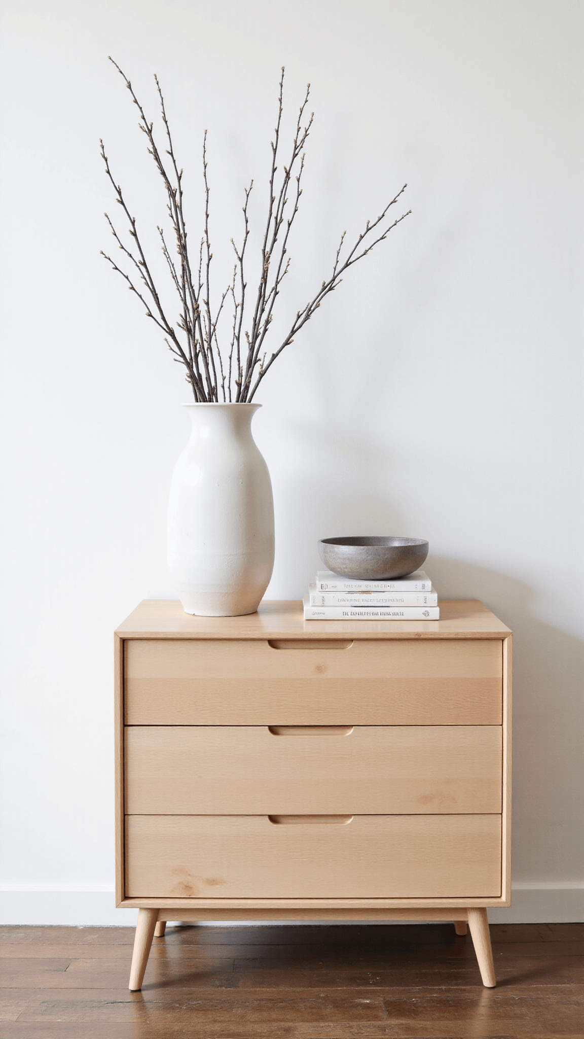 Mid-century inspired dresser in a softly lit bedroom exhibiting a minimalist arrangement of sculptural branches, linen-bound books, and pottery bowl with muted color palette.