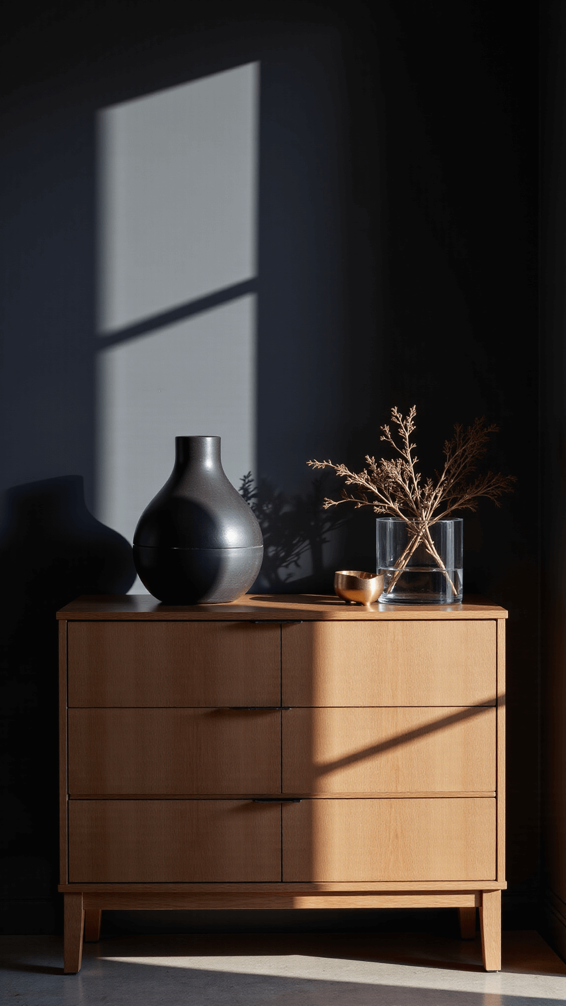 16x18ft master suite illuminated by dusk light featuring modern, smoke oak dresser with black stoneware vessels, brass incense holder, and dried botanicals in clear glass; shot from corner angle to emphasize depth, texture, and material contrast.