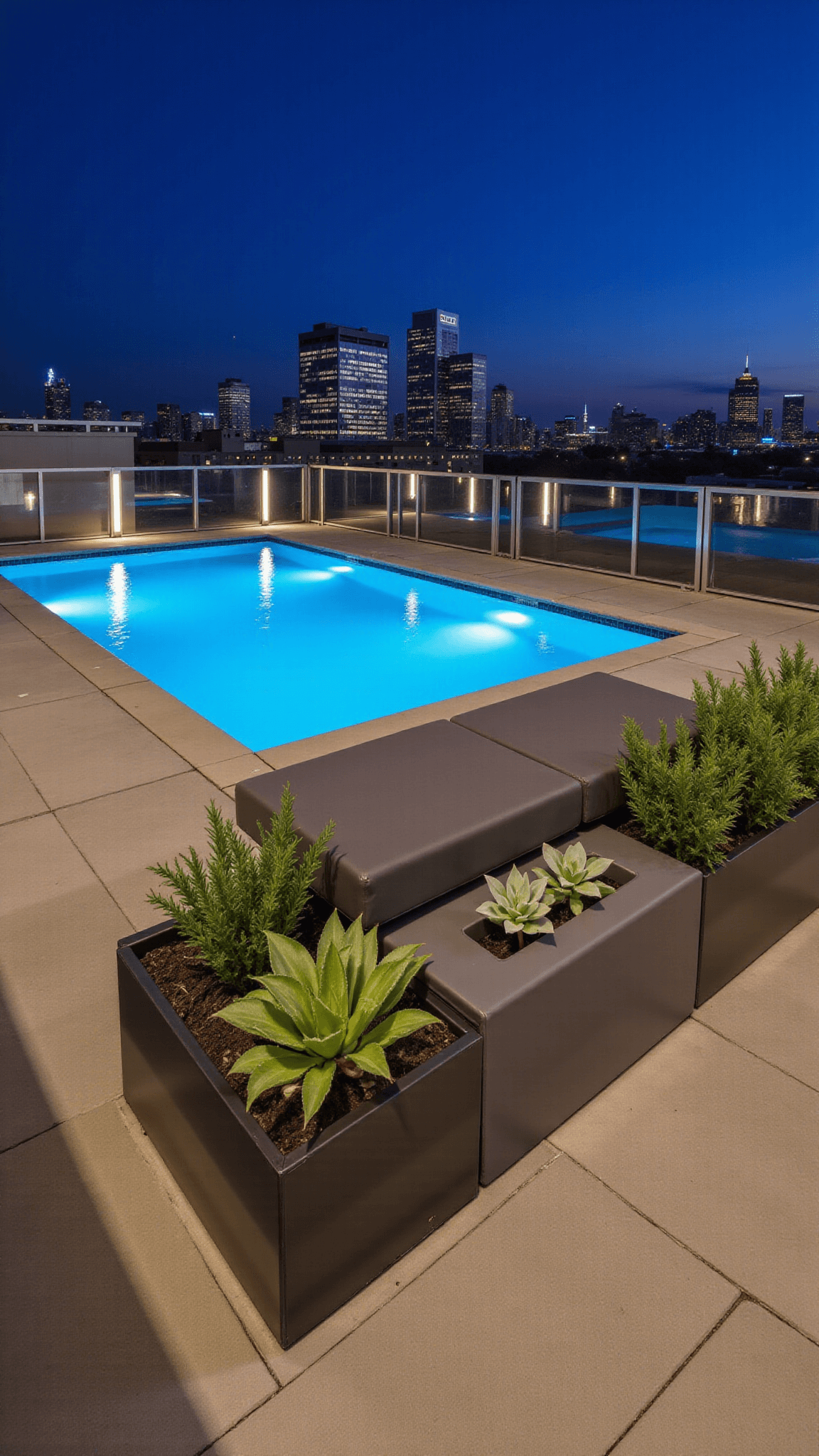Twilight view of an urban rooftop pool area in city skyline backdrop, featuring sleek rectangular pool with LED strip lighting, modular gray outdoor sofa with emerald green accents, steel planters with architectural succulents, glass wind barriers with integrated lighting, on a composite decking in warm gray tones.