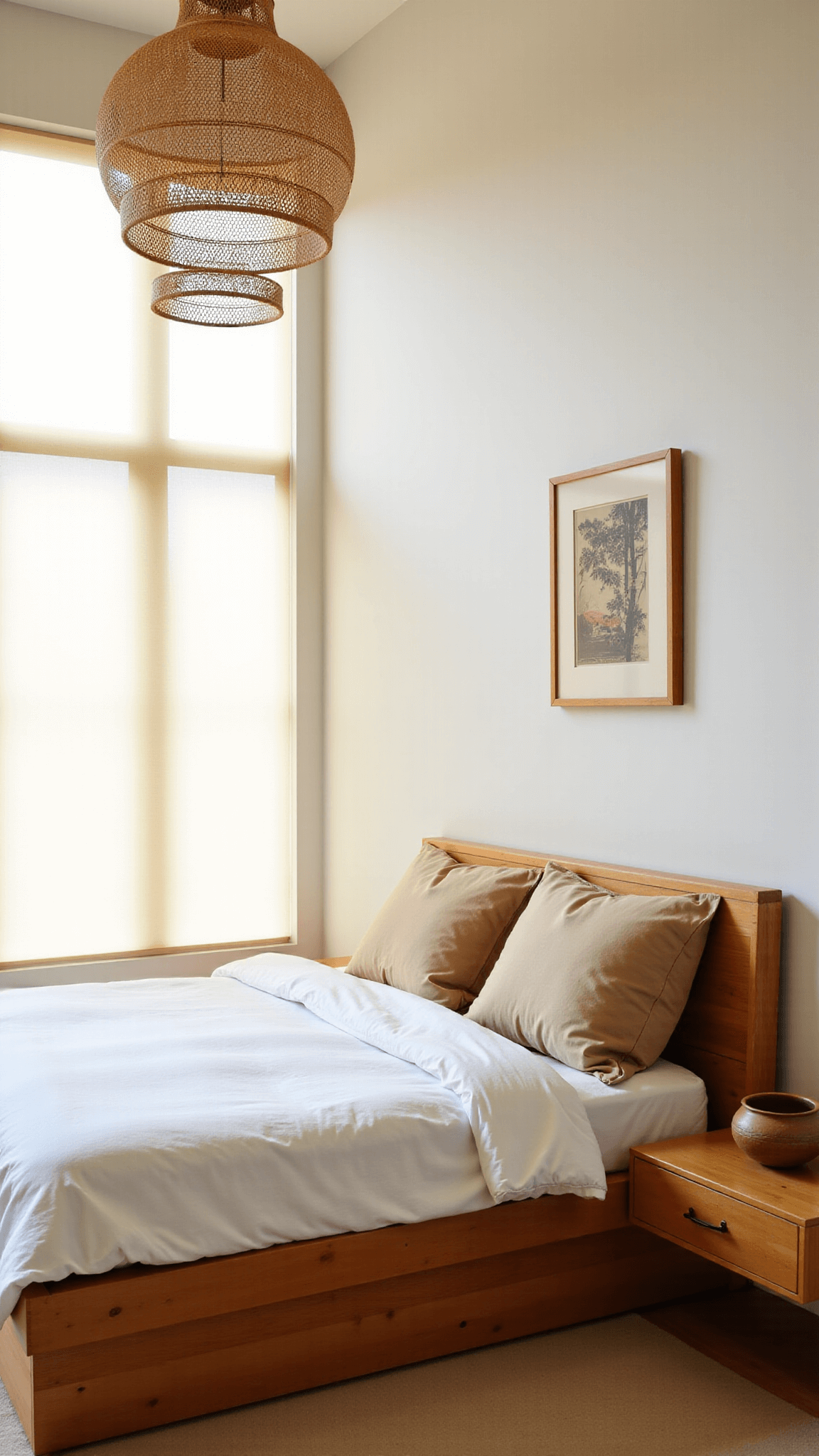 Midday view of a serene bedroom featuring a bamboo platform bed with white cotton bedding and sand-colored throw pillows, diffused light through rice paper screens, a minimalist rattan pendant light, sumi-e style artwork, and hand-thrown pottery.