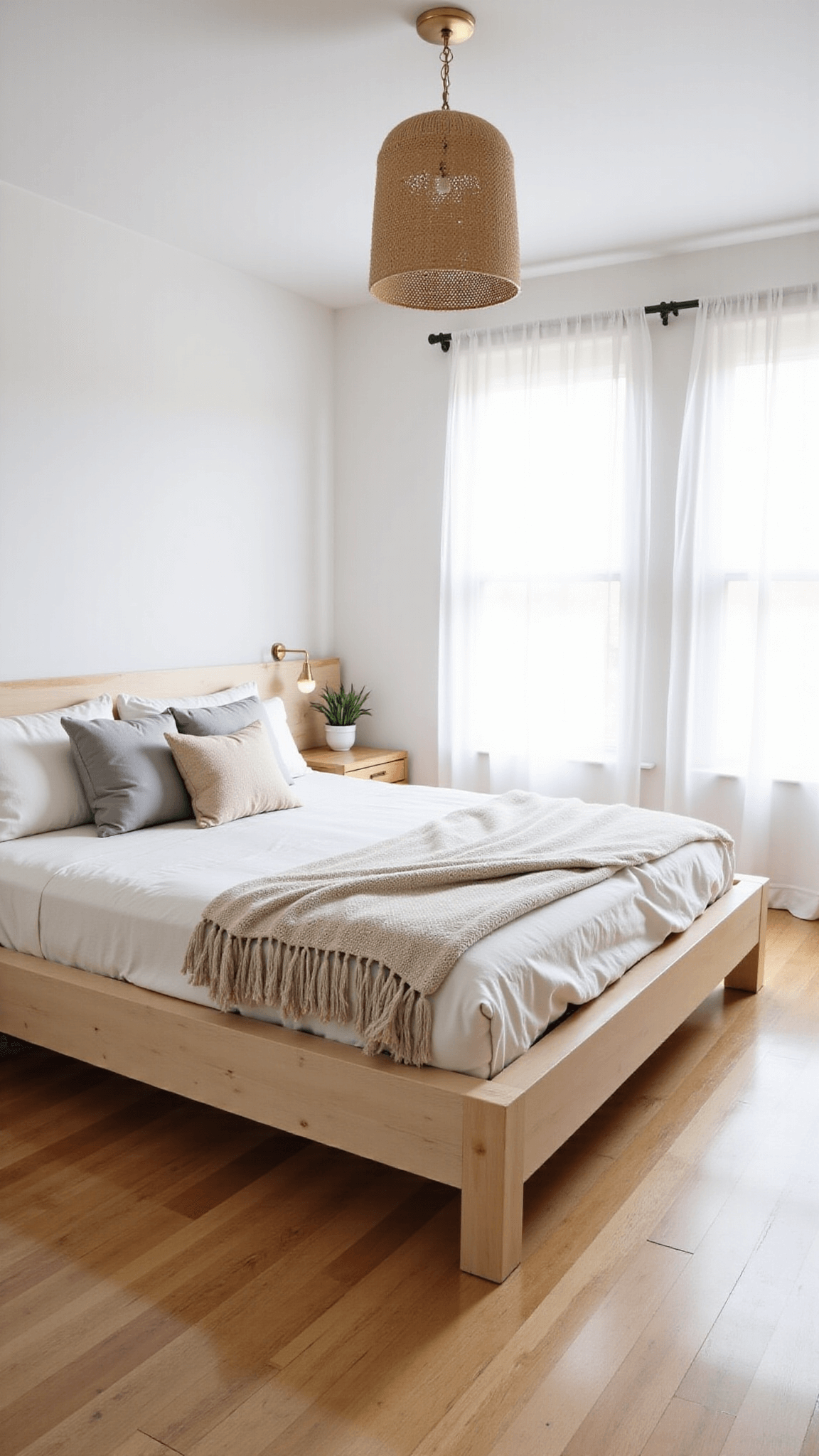 Sunrise view of a spacious 16x14ft bedroom with the morning light flooding through east-facing windows with white linen drapes, featuring a low platform bed in pale ash wood centered between built-in floating nightstands, adorned with ivory linen sheets, warm gray duvet, and textured cream throws, and an overhead handwoven natural fiber pendant, alongside minimal brass wall sconces for ambient lighting.